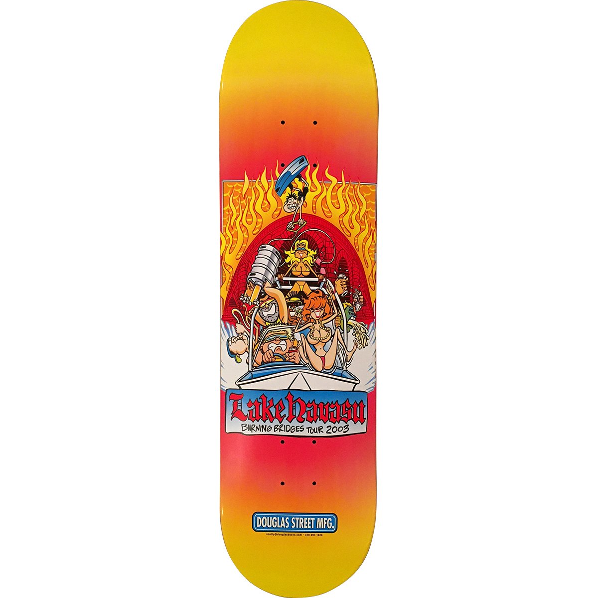 Dsm Lake Havasu Tour skateboard deck: A cartoon scene in a framed panel of a crowded speedboat of party-goers, with a keg and women in bikinis, while a figure swings from above and flames burn behind. It sits on a yellow to red fade deck, with a Douglas Street Mfg. label.