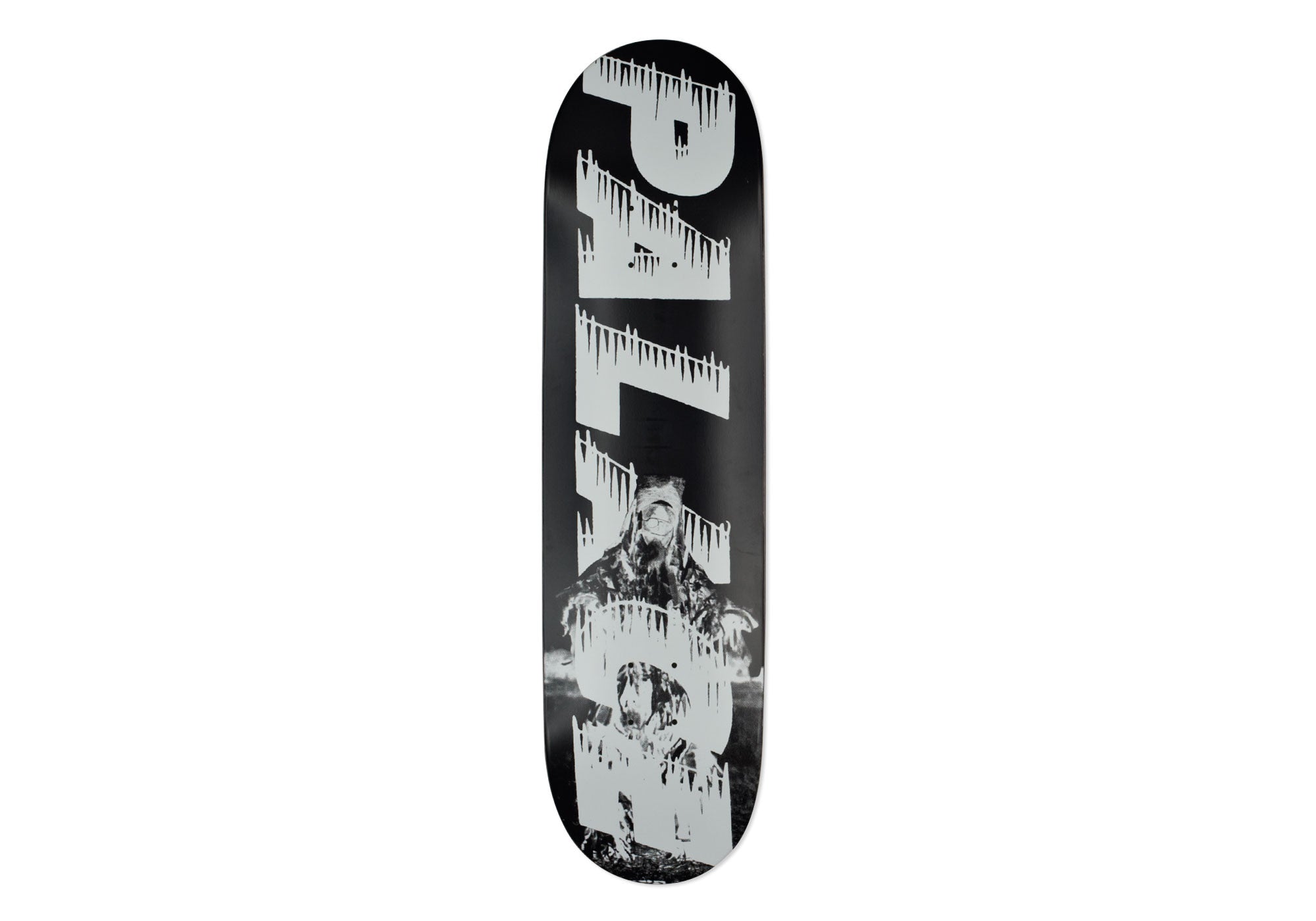 Palace Bankhead Black 8.3 skateboard deck: Large pale grey Palace lettering with a ragged, dripping edge runs vertically down a black deck, over a black and white photograph of a hooded, camouflaged figure in a field.