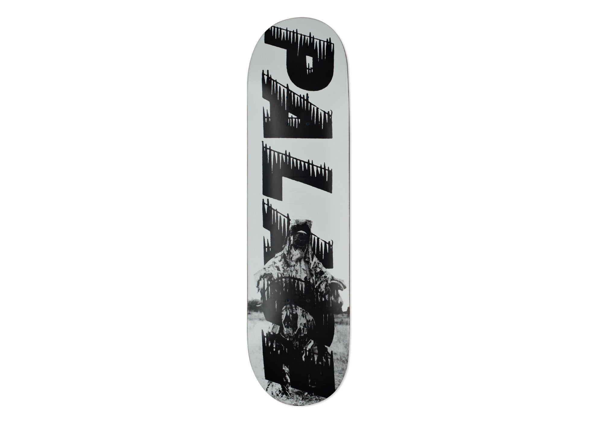 Palace Bankhead White 8.2 skateboard deck: Large black Palace lettering with a ragged, dripping-edge treatment runs vertically down a pale grey deck, overlaid on a black and white photograph of a hooded, camouflaged figure standing in a field.