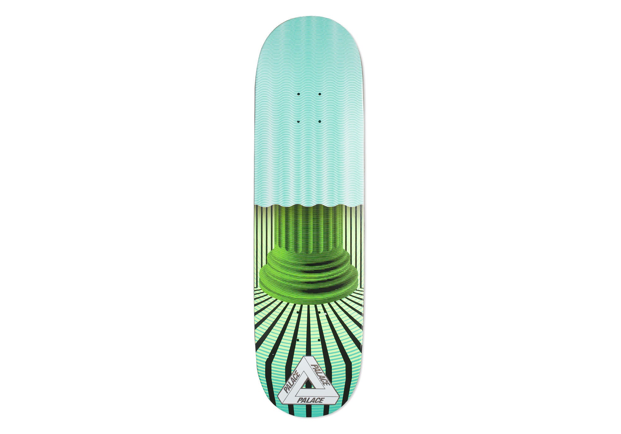 Palace Drury Curtains 8.5 skateboard deck: Green classical stone column base with a curtain-like wavy teal fabric hanging over its top, set against radiating black and green stripes. Palace tri-ferg logo at the bottom.