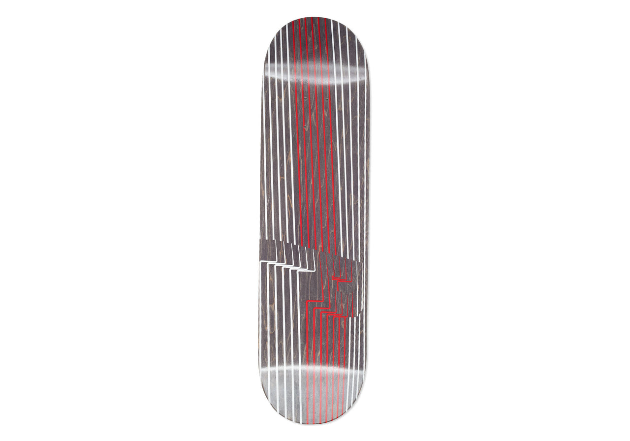 Palace Drury P2 8.2 skateboard deck: Dark stained deck with narrow vertical white lines running its length and a central band of red lines, broken by an offset stepped block near the lower middle, giving a striped optical effect.