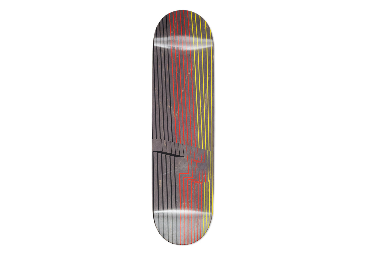 Palace Drury P3 8.3 skateboard deck: An abstract design of thin vertical lines in black, red and yellow running the length of the board, with a stepped dark grey block in the middle and a small red face-like shape in the lower half.