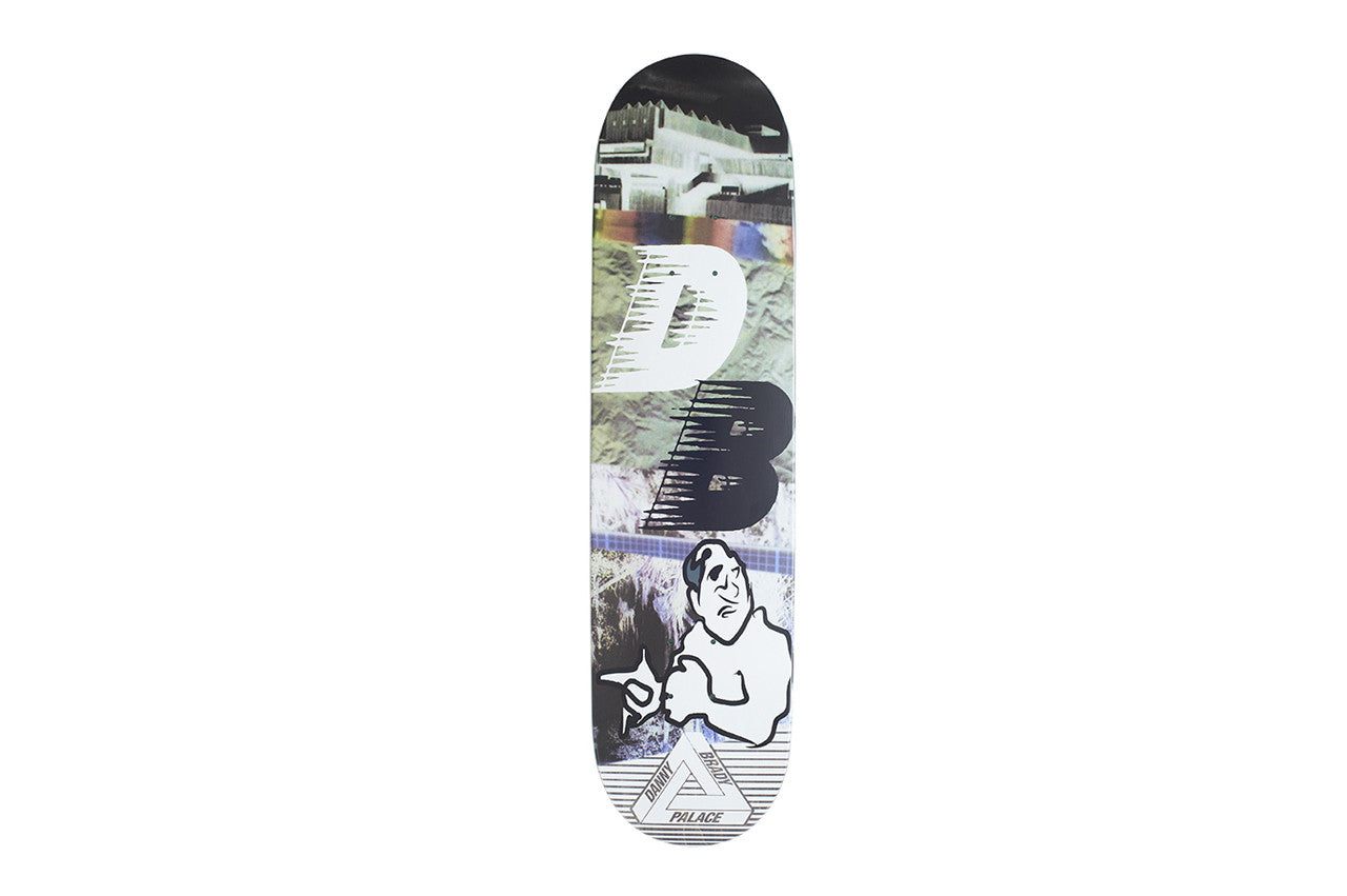 Palace Knight Re - Up Brady Board skateboard deck: Collage of inverted landscape and building photographs with large chunky white and black D and B letters, and a cartoon man with a clenched fist at the bottom, above the Palace triangle logo.