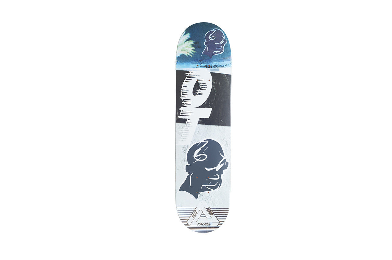 Palace Knight Re - Up Todd Board skateboard deck: A collage of photographic blue palm and sky, a black panel with white scratched lettering, and two dark stylised bald head profiles, above the Palace tri-ferg logo at the tail.