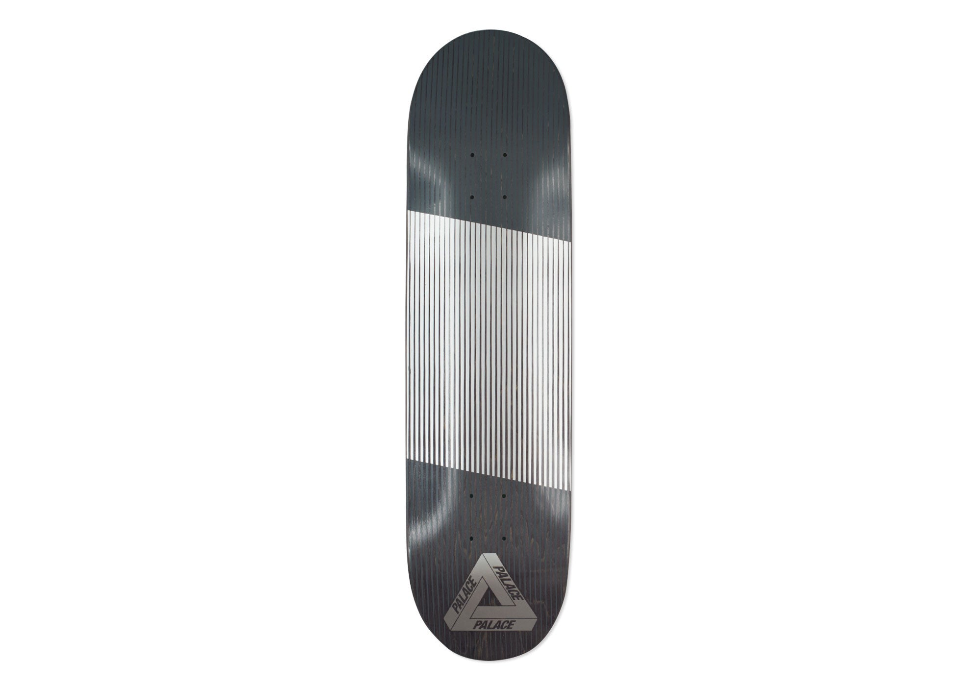 Palace Linear Silver 8.3 skateboard deck: Dark grey woodgrain deck with a block of fine vertical silver lines across the upper middle and a grey Palace tri-ferg triangle logo at the bottom.