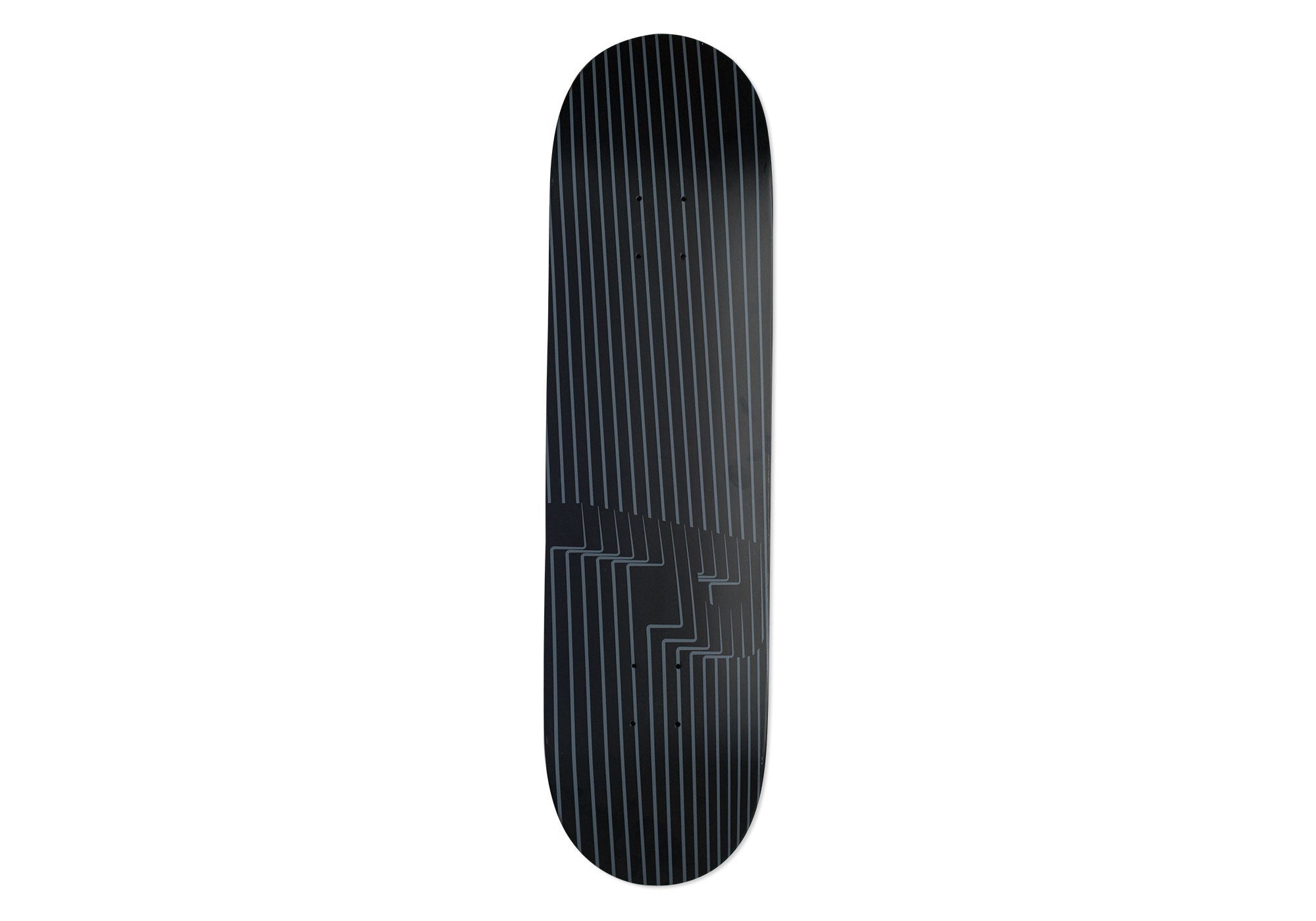 Palace P3 8.3 skateboard deck: Black deck covered in thin vertical grey pinstripes that shift and zigzag in a stepped optical-illusion pattern across the lower half. No logo or text is visible.