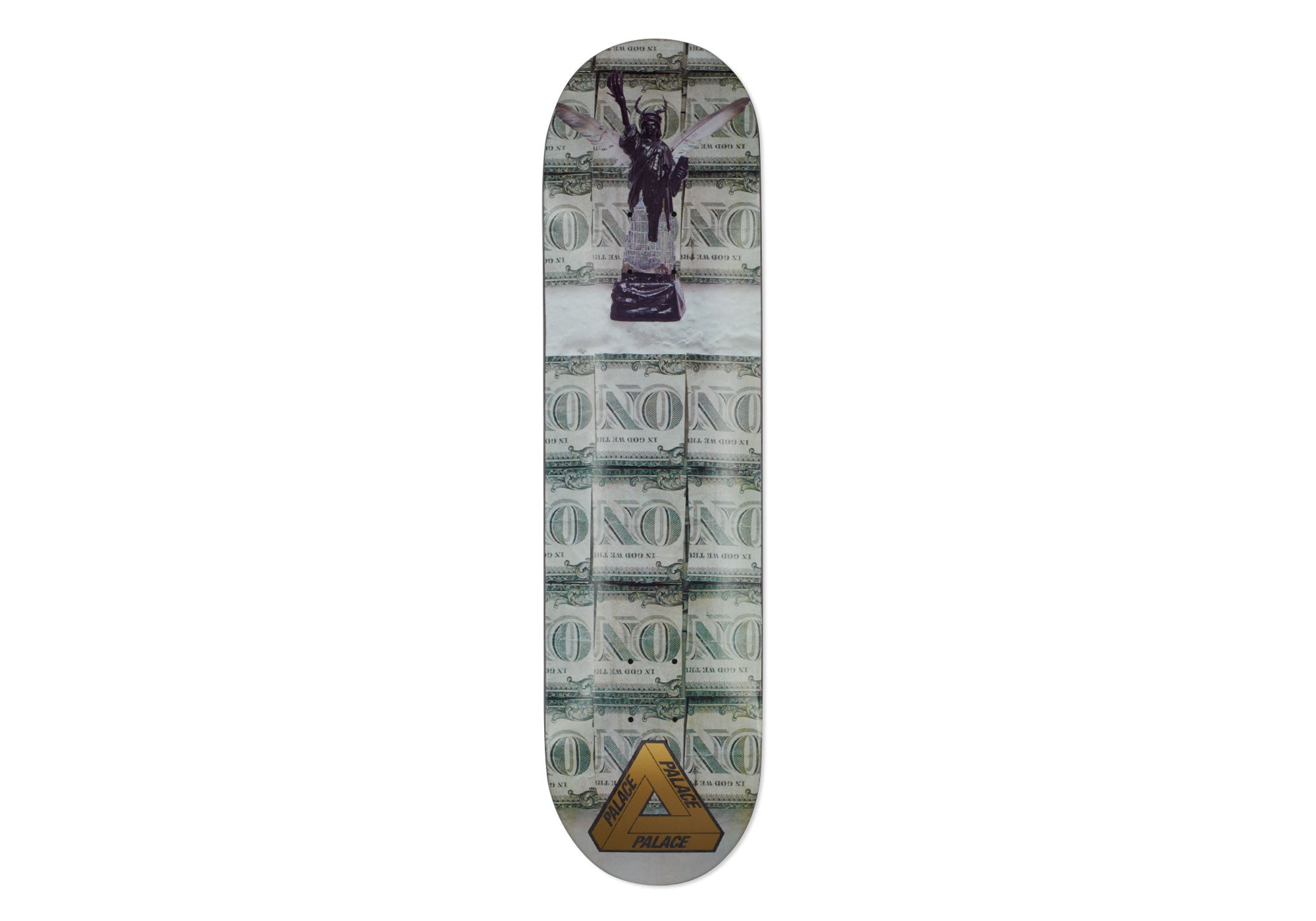 Palace Powers No One 8.125 skateboard deck: Dollar bill pattern with the word ONE repeated down the deck, topped with a small statue of an angel or winged figure holding a torch. Gold Palace Tri-Ferg logo at the tail.