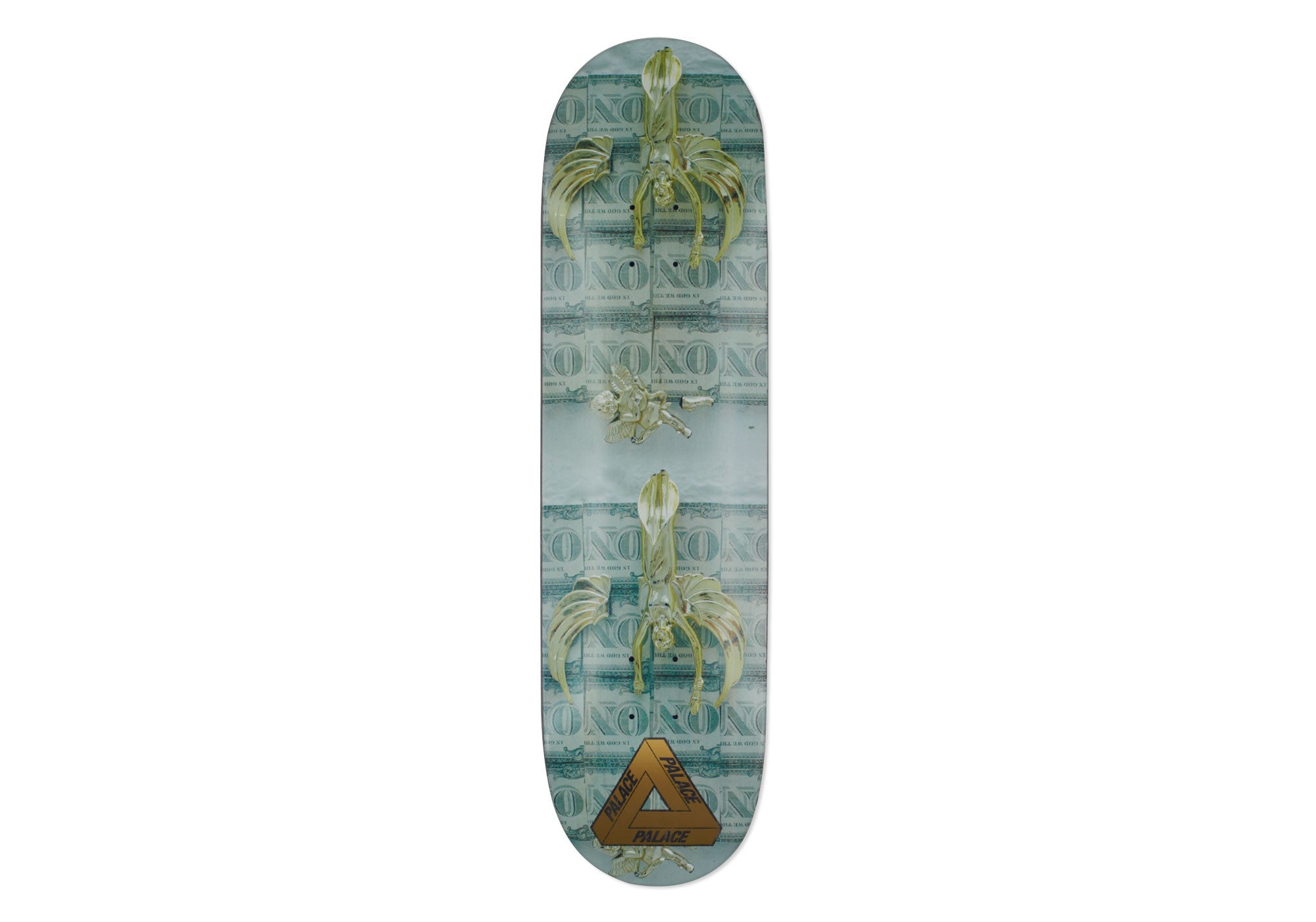 Palace Powers No Two 8.5 skateboard deck: Greenish photographic image of a pale gold sculpture of a winged, tailed figure repeated twice over a background of repeating banknote text reading 'NO', with the Palace tri-ferg logo in gold at the tail.