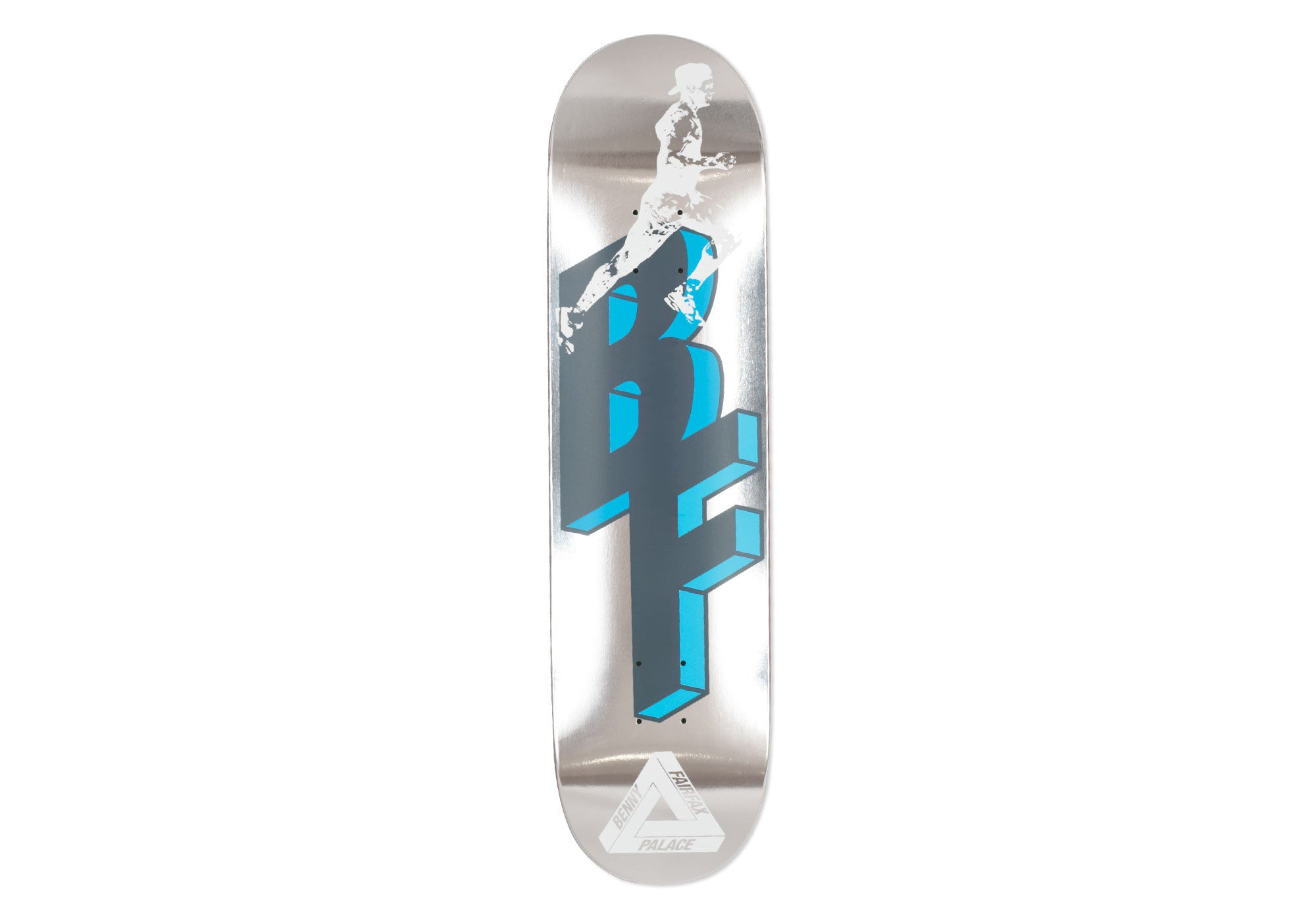 Palace Pro Fairfax 8.1 skateboard deck: Large three-dimensional blue and grey letters on a mirrored silver foil deck, with a white silhouette of a running figure on top. The Palace tri-ferg logo is near the tail.
