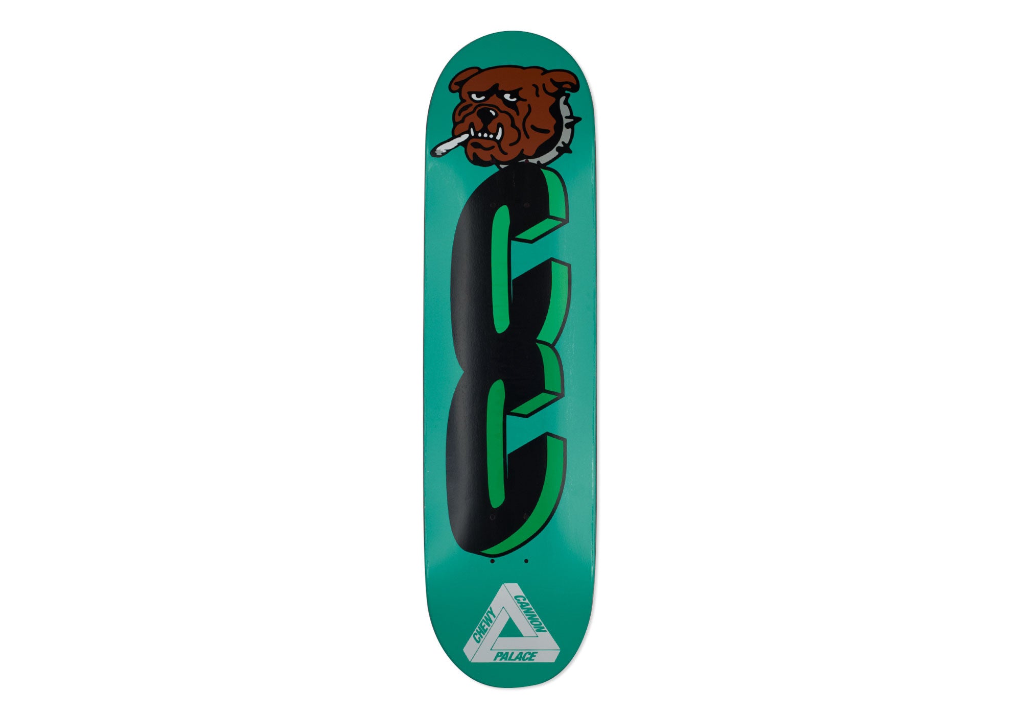 Palace Pro Ferg Chewy 8.3 skateboard deck: Teal deck with a brown bulldog head smoking a joint above a large black and green chain link. A silver Palace tri-ferg logo sits at the bottom.