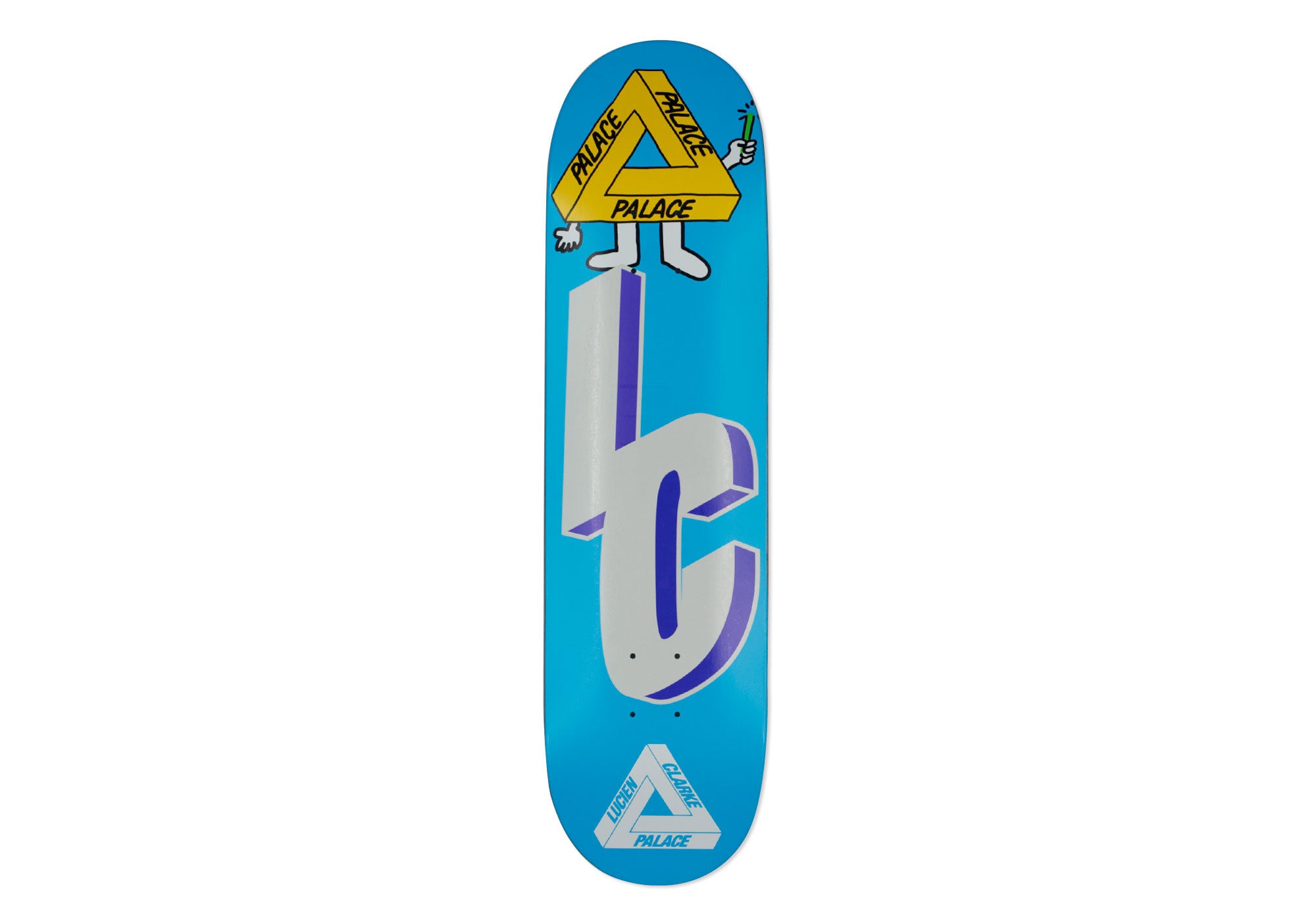 Palace Pro Ferg Clarke 8.2 skateboard deck: A cartoon character with a yellow Palace triangle for a body and white gloved hands and legs stands on a big 3D grey and purple lowercase lc monogram, on a bright blue deck with a small triangle logo at the tail.