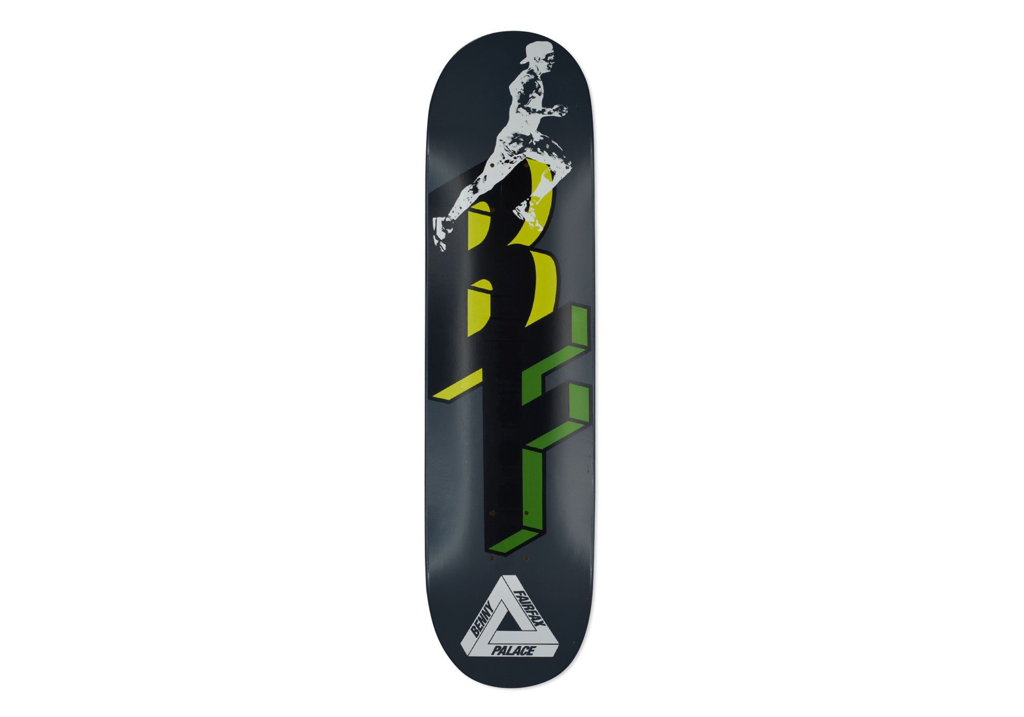 Palace Pro Ferg Fairfax 8.1 skateboard deck: Dark grey deck with a monochrome photo cut-out of a running athlete leaping over large 3D block letters in yellow and green. The Palace tri-ferg logo sits at the bottom with the rider name.