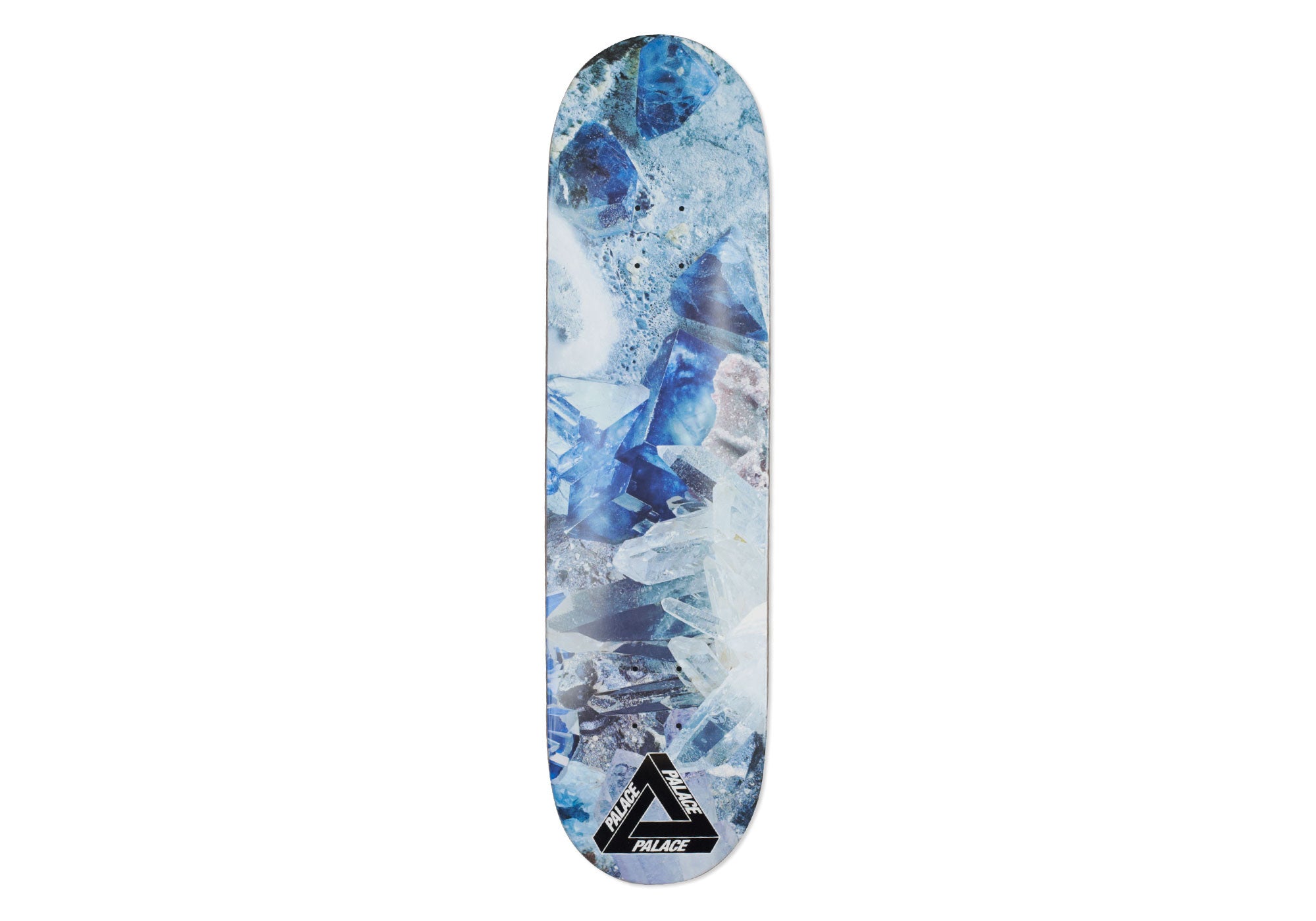 Palace Rocky 8.3 skateboard deck: Photograph of blue and clear quartz crystals and mineral formations covering the deck, with a black Palace tri-ferg logo at the bottom.