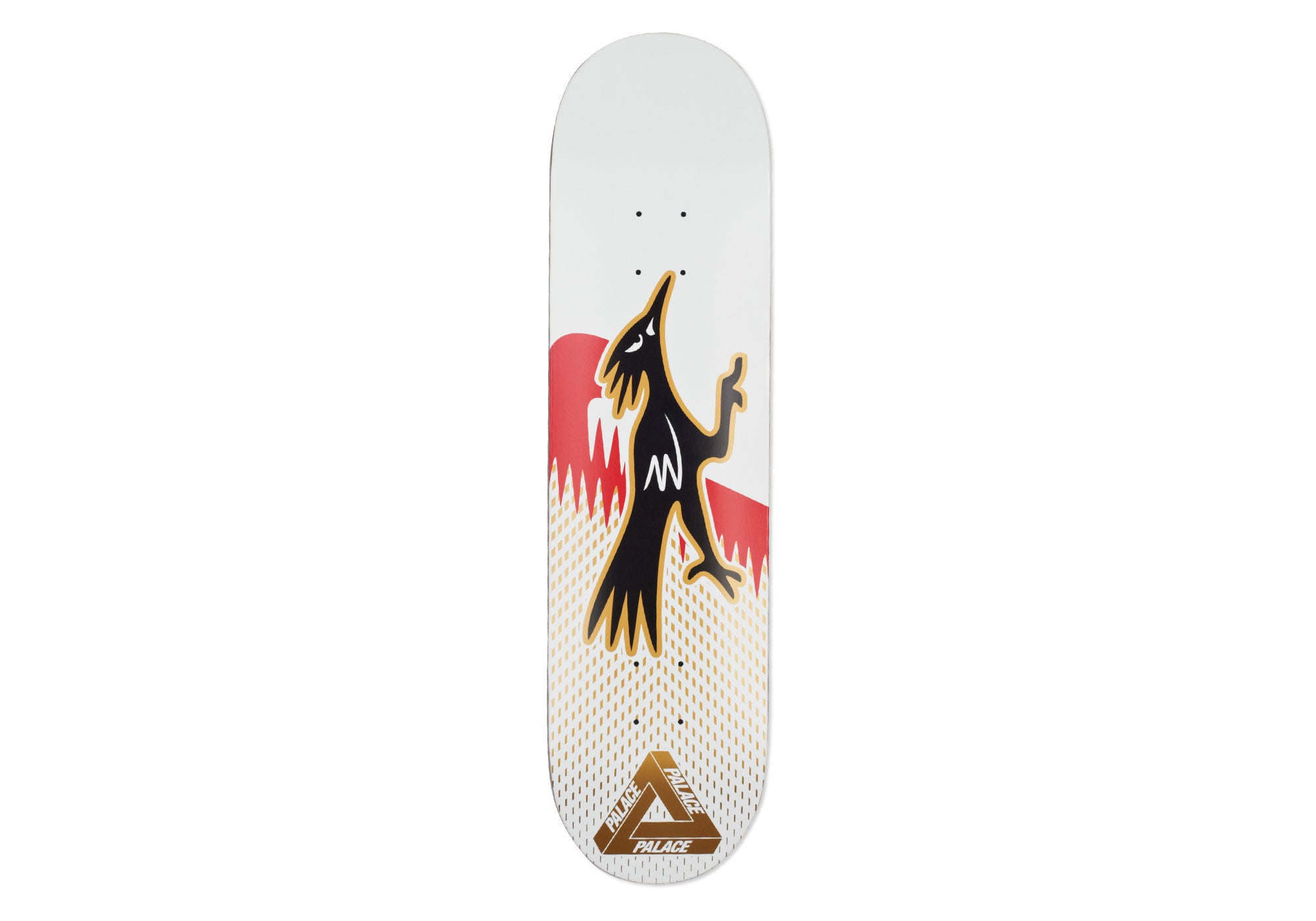 Palace Rr1 8.1 skateboard deck: A black and gold crow-like bird standing upright and pointing, over a red half-circle and a white background, with a gold dripping dot pattern fading in below. Gold Palace triangle logo at the tail.