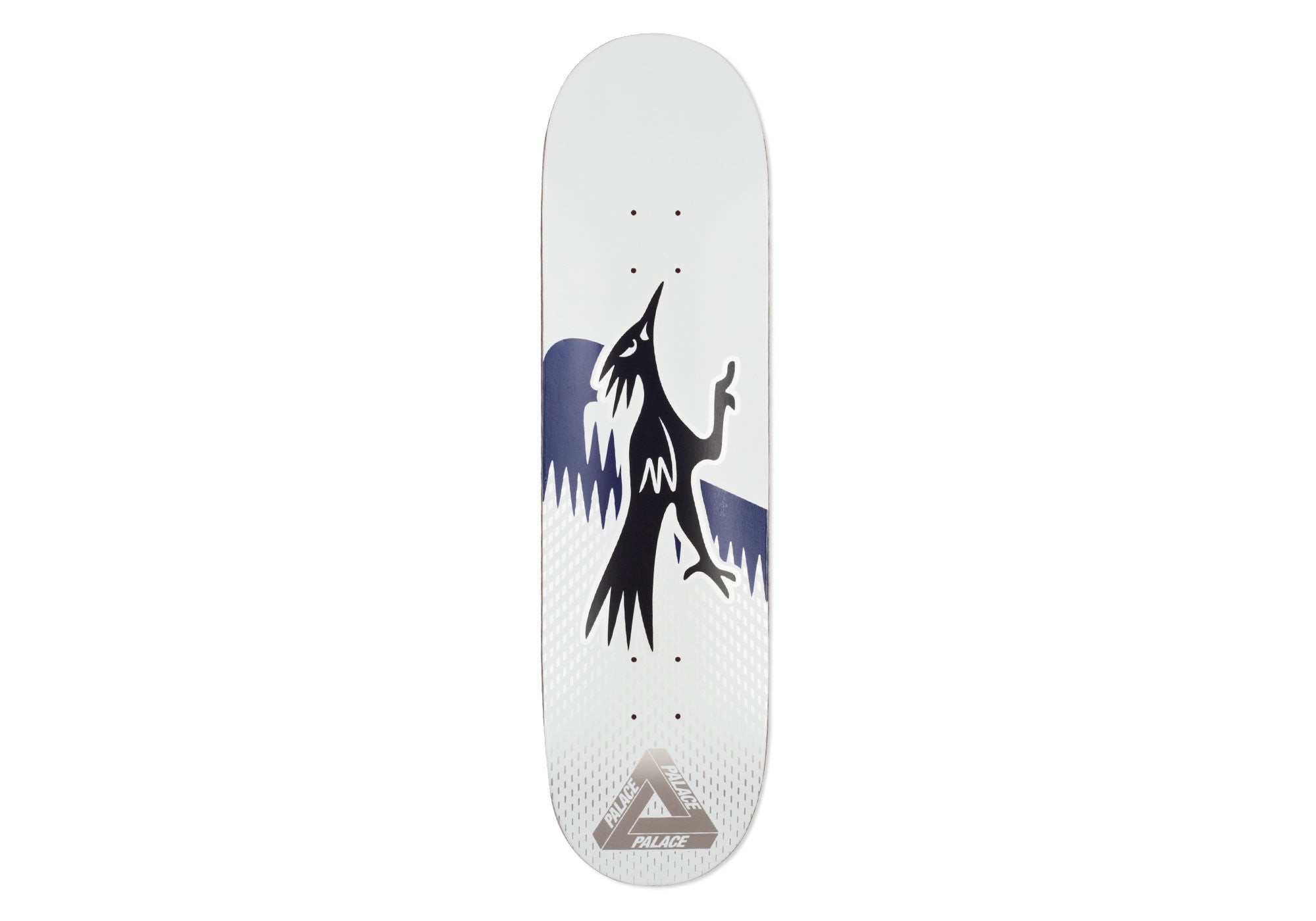 Palace Rr2 8.4 skateboard deck: A black bird with a long beak and spiky blue-purple wings, in a stylised tribal style, on a white deck with a dotted fade and a chrome Palace triangle logo near the tail.
