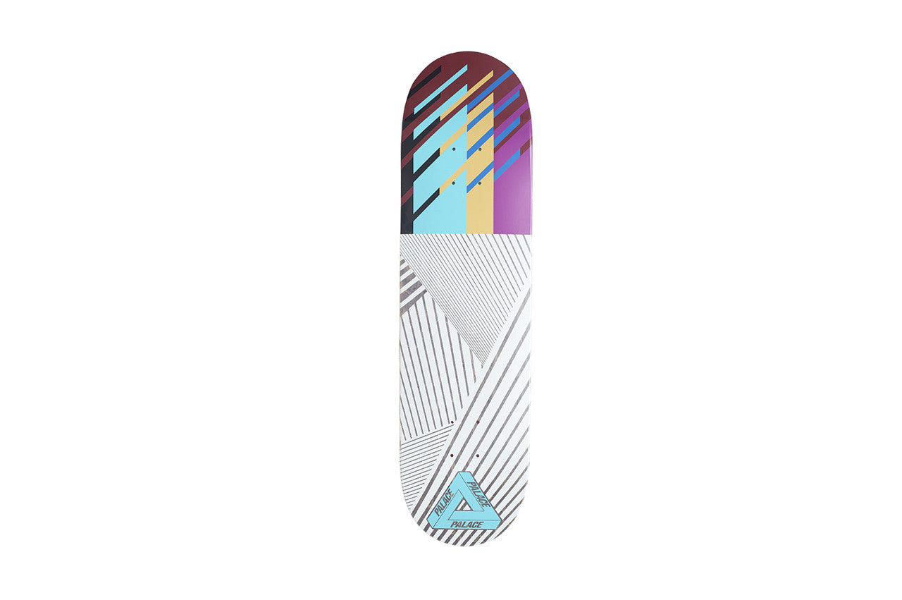 Palace Stunt Team Three Board skateboard deck: Black, white and silver diagonal line patterns on the lower half, with slanted blocks of maroon, cyan, cream and purple at the nose. Teal Palace tri-ferg triangle logo at the bottom.