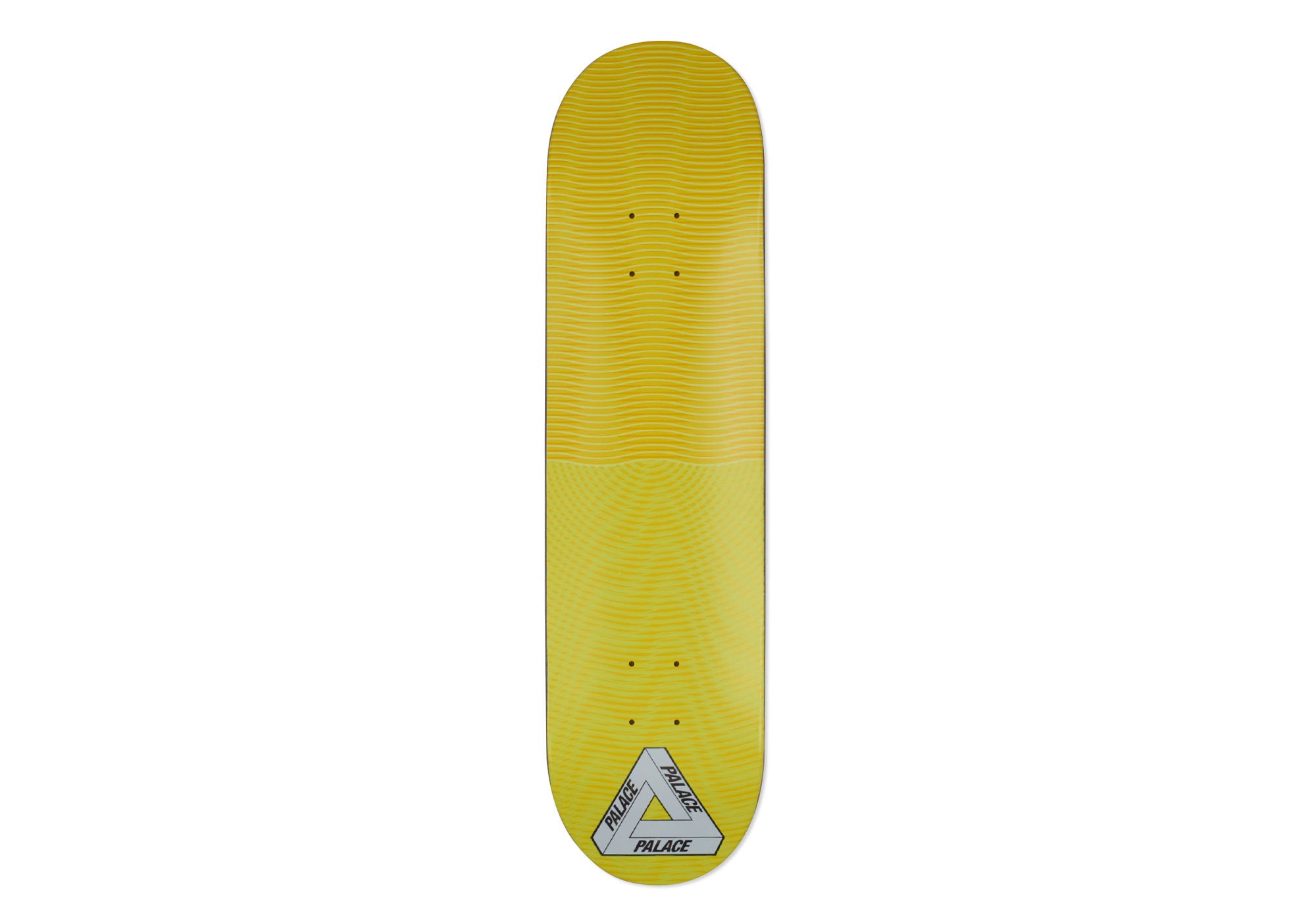 Palace Trippy Stick Two Yellow 8.1 skateboard deck: Yellow deck covered in fine wavy contour lines that ripple outwards, with a silver Palace Tri-Ferg triangle logo at the bottom.