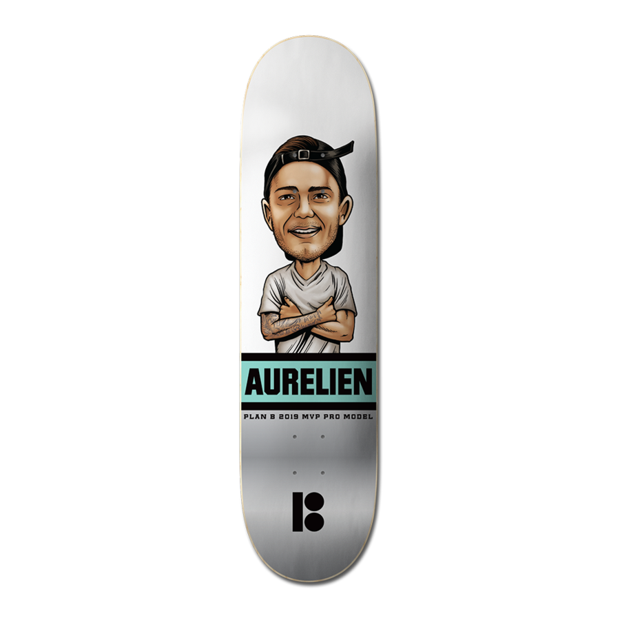Plan B Aurelien Giraud Mvp 8.0 - Pro skateboard deck: White deck with a cartoon caricature of a smiling man in a backwards cap and grey t-shirt with folded tattooed arms, above a black and teal name panel reading Aurelien and a Plan B logo at the tail.