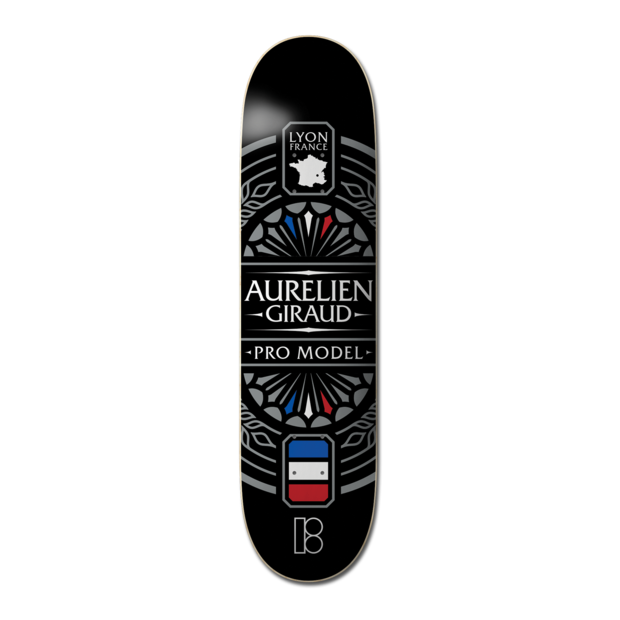 Plan B Aurelien Giraud Lyon - Pro skateboard deck: Black deck with a symmetrical ornamental design in grey, like a rose window, with red, white and blue fans. A small crest with a map of France sits at the top and a tricolour shield near the bottom, with the rider name in the centre.