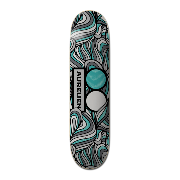 Plan B Aurelien Giraud Haight St. 8.0 - Pro skateboard deck: Swirling wavy pattern in teal, grey and white across the deck, with the Plan B two-circle logo (teal and white) and a vertical AURELIEN name block.