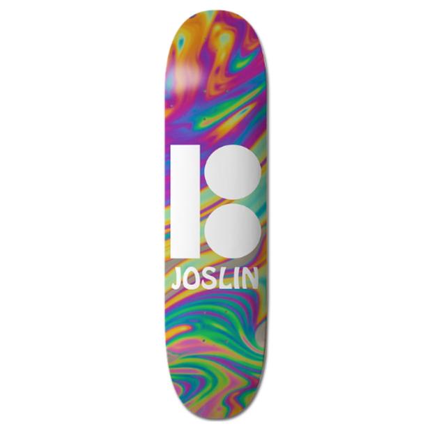 Plan B Joslin Wavy 8.0 - Blk Ice - Pro skateboard deck: Large white Plan B logo over a swirling, oil-slick psychedelic pattern in purple, green, orange and pink. The rider's surname is printed under the logo.