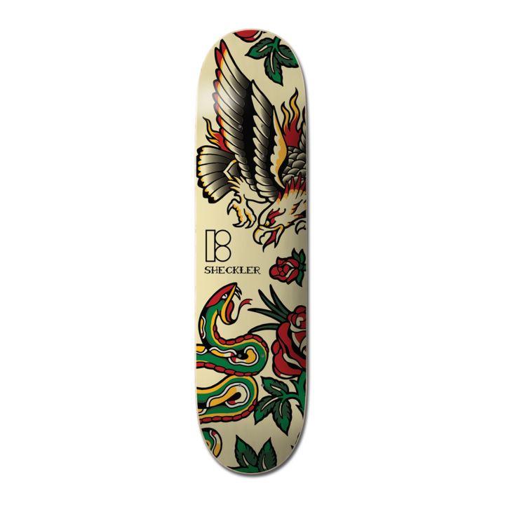 Plan B Ryan Sheckler Tradition - Pro skateboard deck: Cream deck with traditional tattoo-style flash: a swooping eagle with flames, a green and yellow snake rising, and red roses with green leaves. Plan B logo and rider name in the middle.