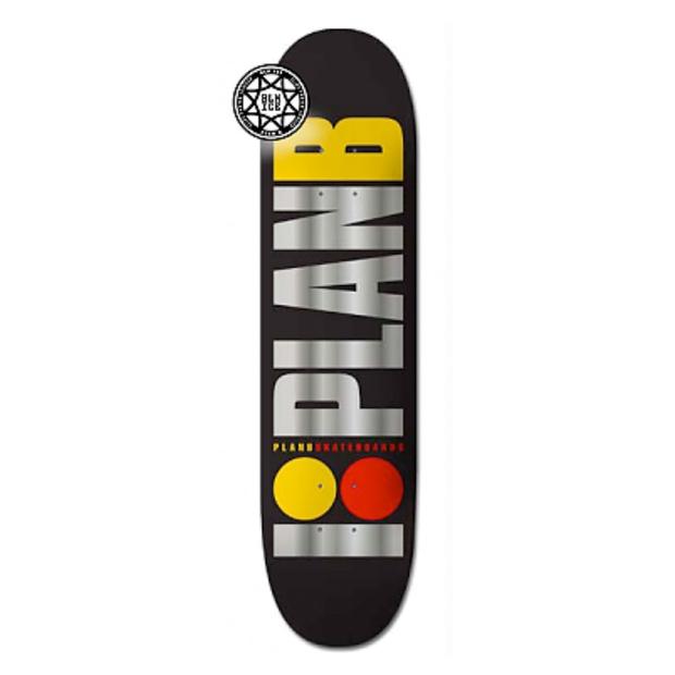 Plan B Team Og Blk Ice - Team skateboard deck: Huge vertical Plan B lettering in chrome silver with a yellow B, over a black deck, with a yellow and a red dot and small red text beneath, and a round sticker at the top.