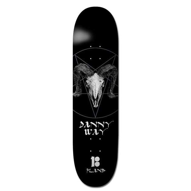 Plan B Way Darkness 8.25 - Blk Ice - Pro skateboard deck: Black deck with a detailed grey and white ram skull with curled horns in front of a faint pentagram circle. Danny Way in gothic lettering below, with the Plan B logo.