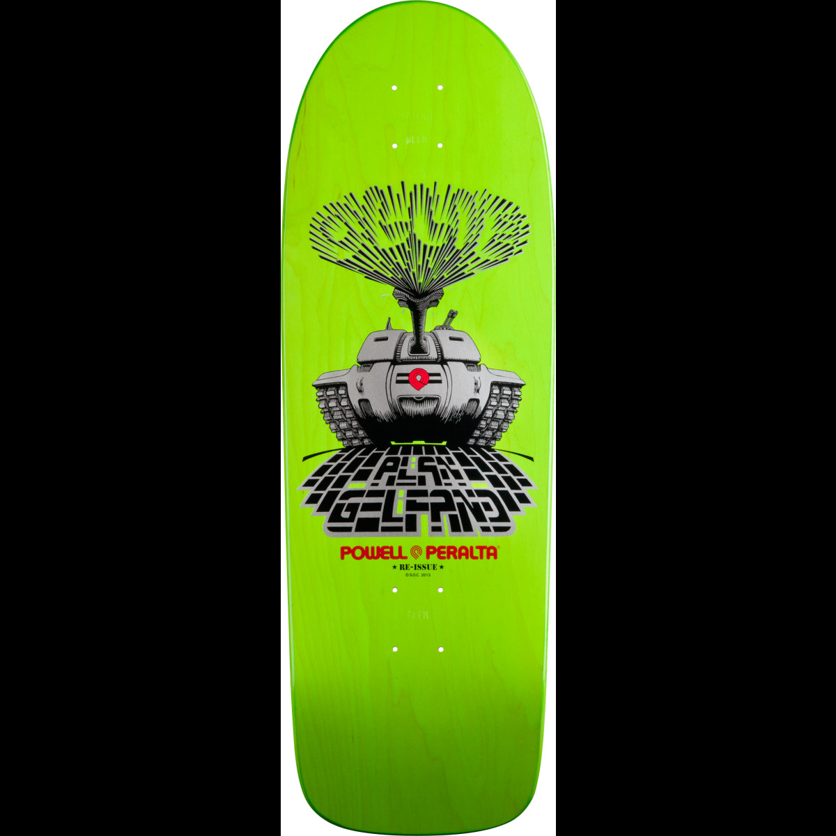 Powell Peralta Alan Gelfand Ollie Tank (Blem) skateboard deck: A grey tank firing a burst of lettering from its barrel, above a distorted chequered perspective floor with 'Alan Gelfand' text, on a lime green deck.