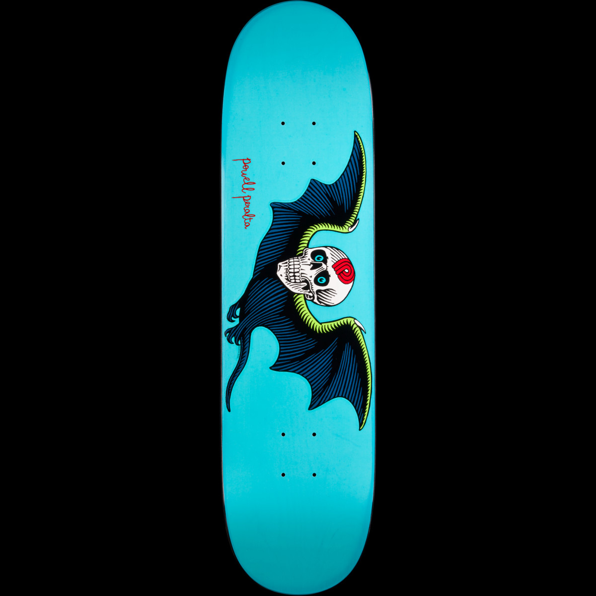 Powell Peralta Bat Skull Turquoise skateboard deck: A skull with a red patch over one eye and wings of a dark blue bat with lime green edges, set across a plain turquoise deck, with small red Powell Peralta script at the side.