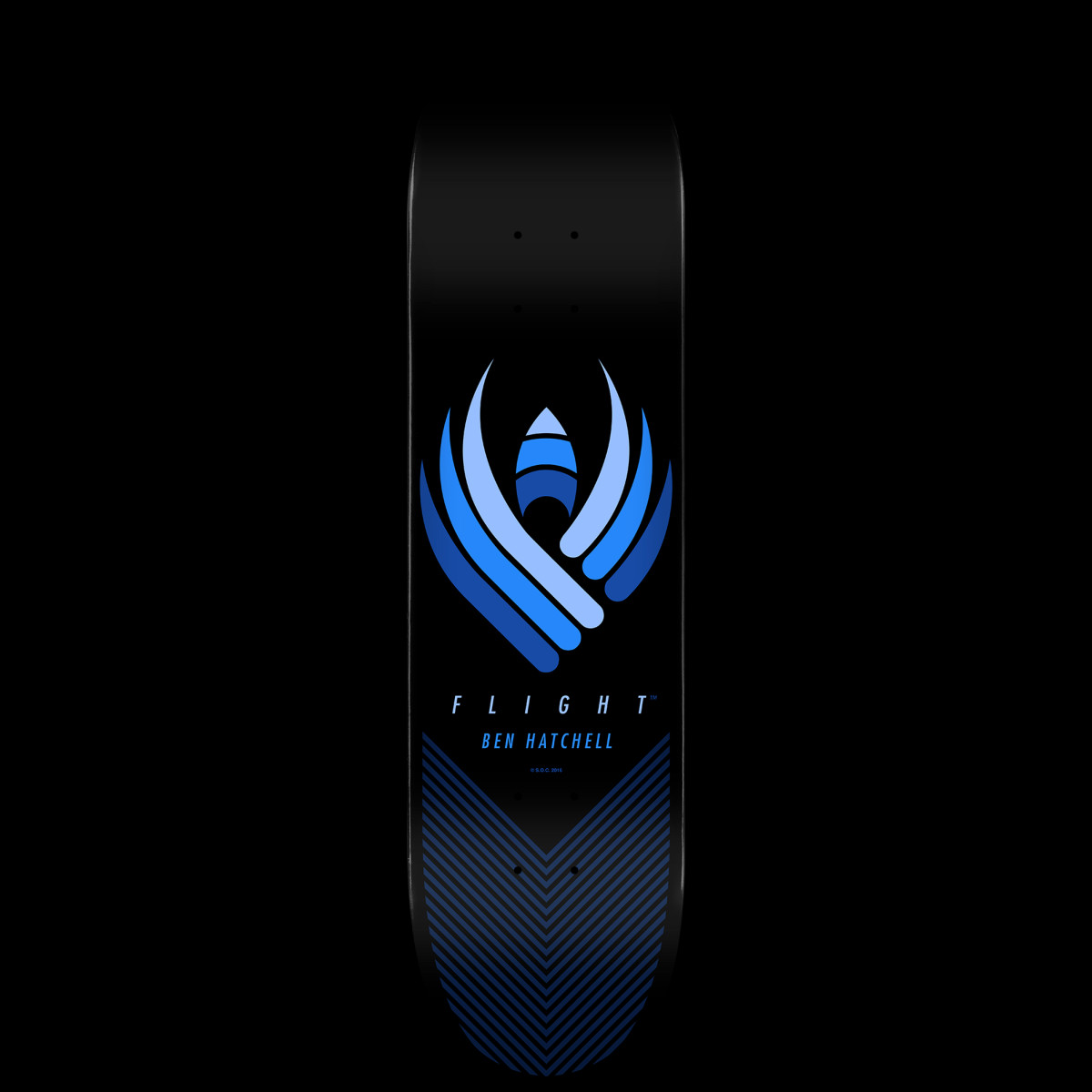 Powell Peralta Ben Hatchell Flight - Shape 249 skateboard deck: A stylised winged emblem built from layered blue curves around a small rocket shape, with FLIGHT and BEN HATCHELL beneath and a chevron line pattern at the tail, on black.