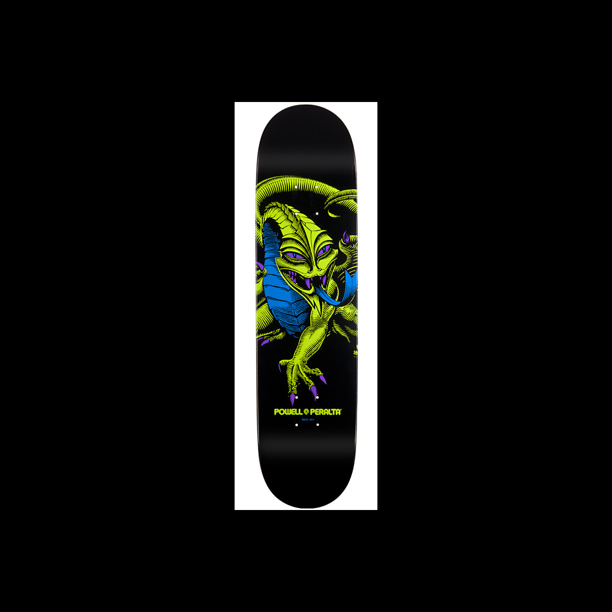 Powell Peralta BL Cab Dragon 1 skateboard deck: A lime green dragon with purple claws and eyes coiled around a blue shell shape, with a blue tongue, on a black deck with the Powell Peralta logo below.