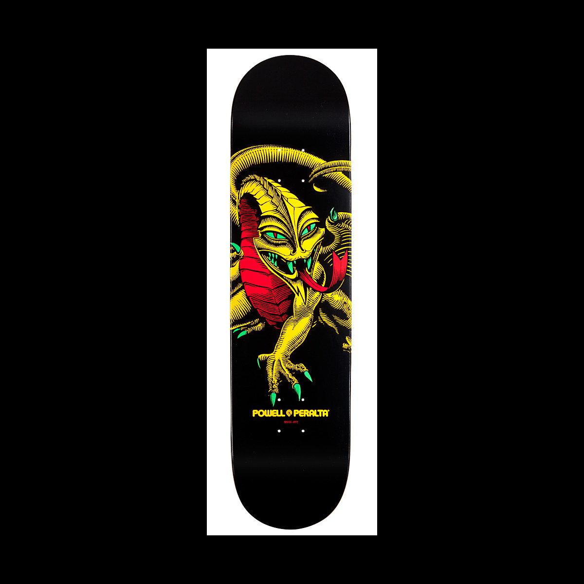 Powell Peralta BL Cab Dragon 4 skateboard deck: A yellow dragon with red inner wing and green eyes and claws, tongue out, coiling across a black deck. Powell Peralta logo at the lower centre.