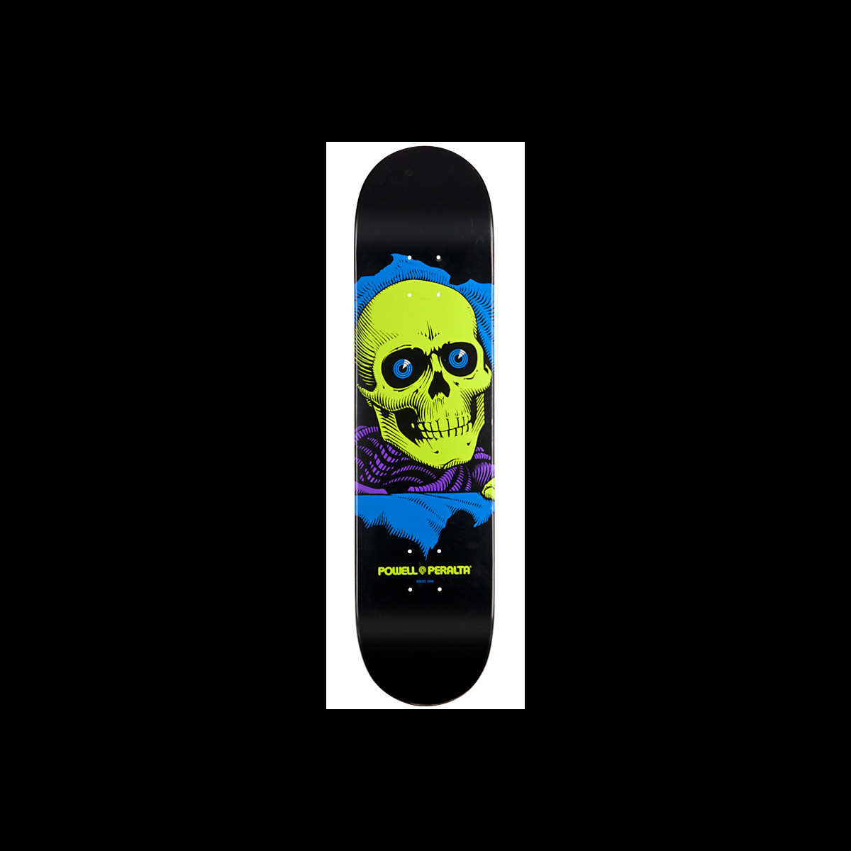 Powell Peralta BL Ripper 3 skateboard deck: A lime green skull with blue eyes and a purple ribcage bursts through a torn blue hole on a black deck, in blacklight-style neon colours, with the Powell Peralta logo below.