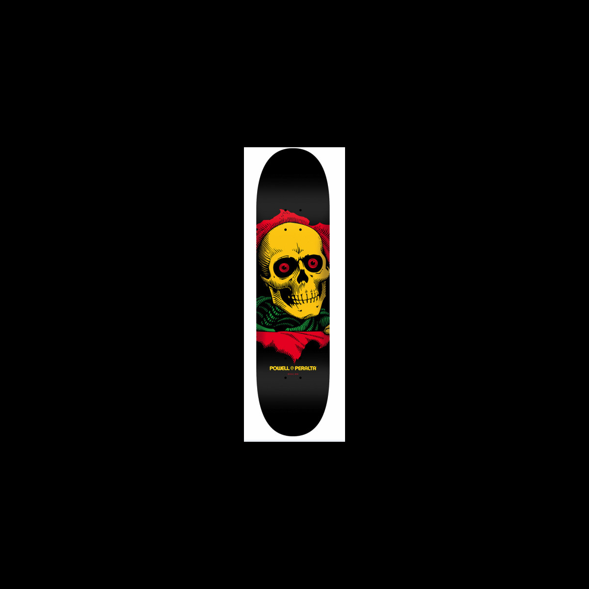 Powell Peralta BL Ripper 6 skateboard deck: A yellow Ripper skull with red eyes and green skeletal body tearing through a red hole in a black deck. Powell Peralta lettering in yellow below.