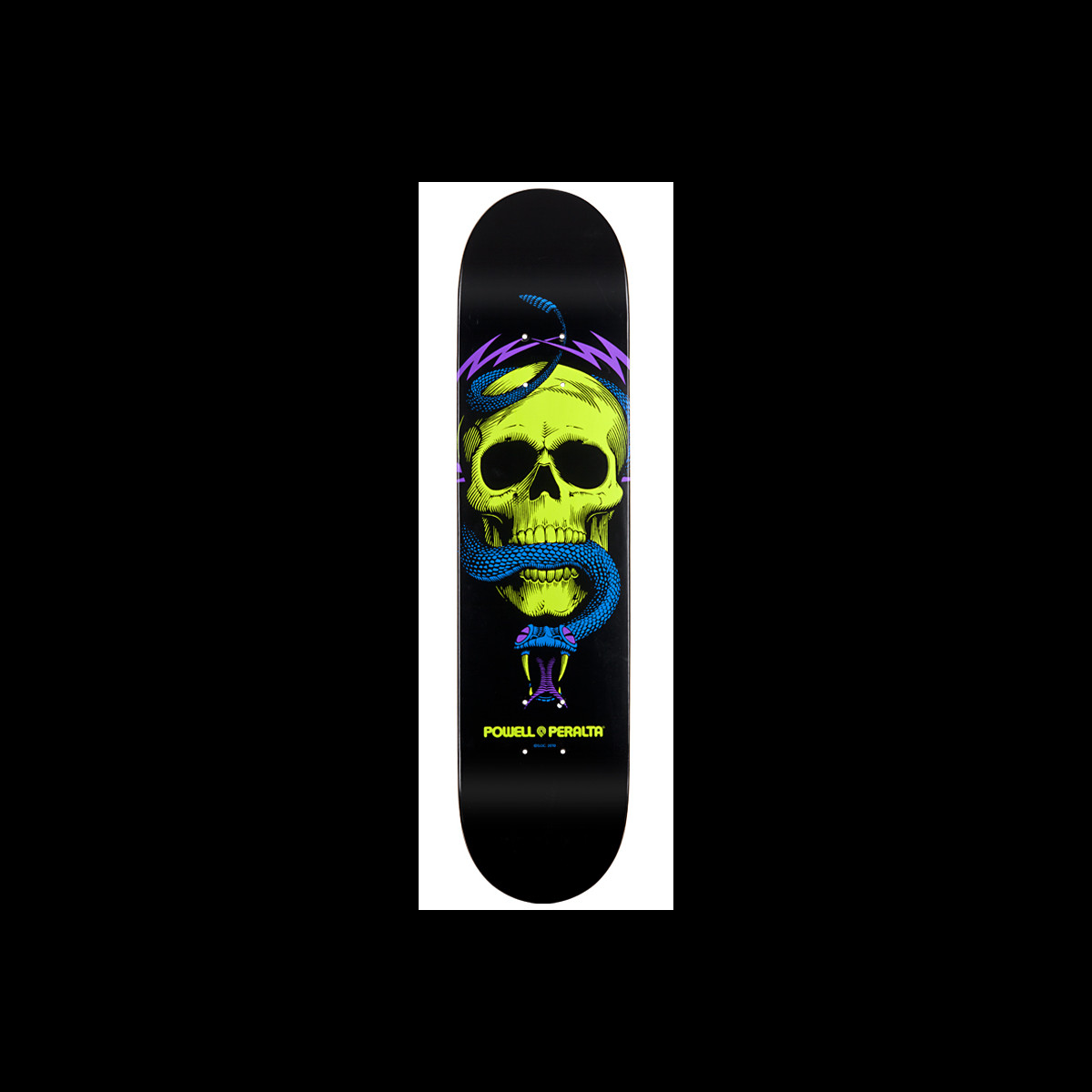 Powell Peralta BL Skull & Snake 4 skateboard deck: A lime green skull with a blue snake coiled around it and purple lightning bolts behind, on a black deck with Powell Peralta lettering below.