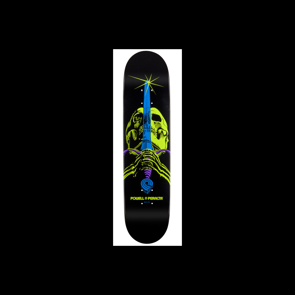 Powell Peralta BL Skull & Sword 3 skateboard deck: A lime green skull with skeletal hands gripping a blue sword that rises through its head to a starburst, on a black deck in blacklight-style colours, with the Powell Peralta logo below.
