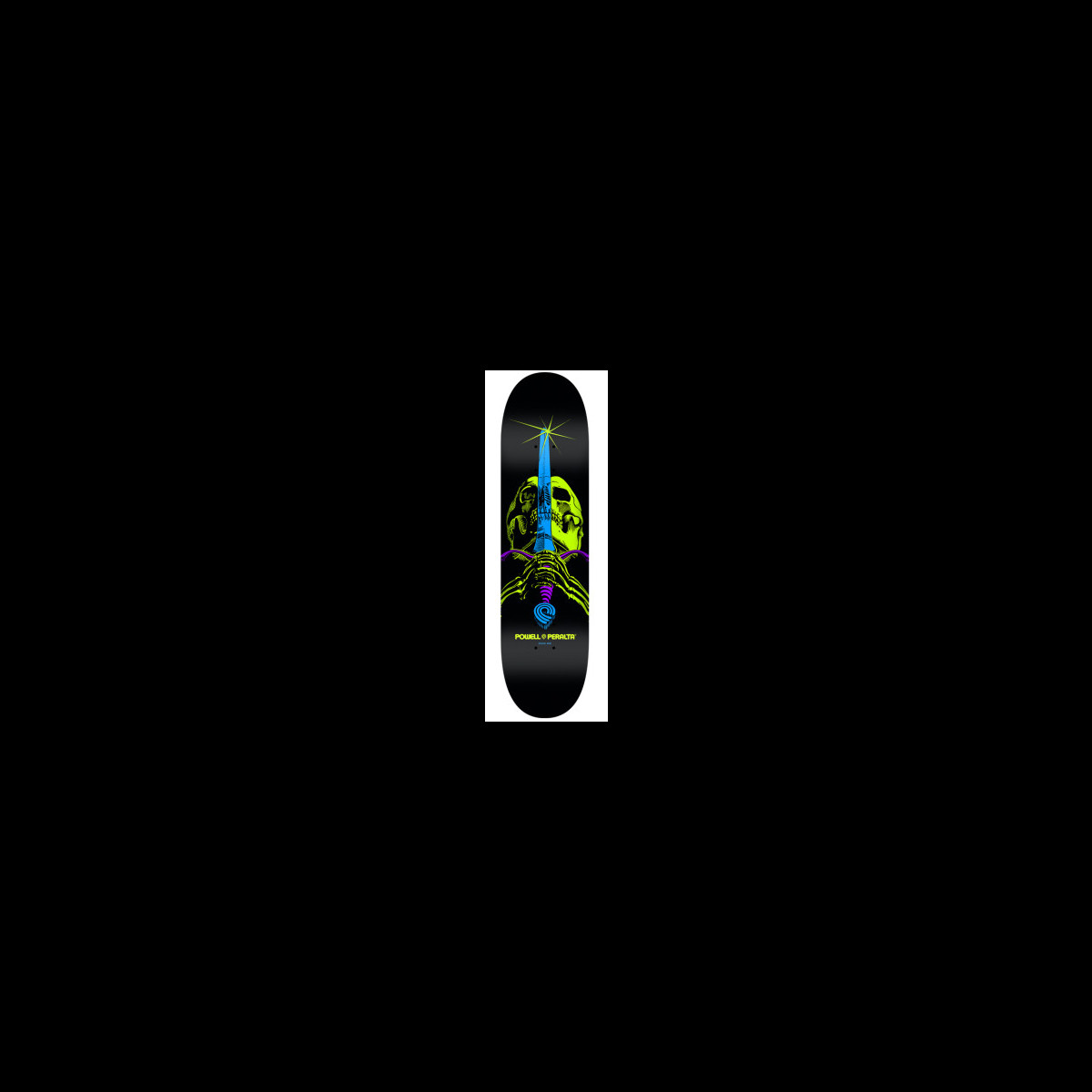 Powell Peralta BL Skull & Sword 4 skateboard deck: A neon yellow-green skull with a glowing blue sword rising through it, gripped by purple skeletal hands, on a black deck. Powell Peralta logo below.
