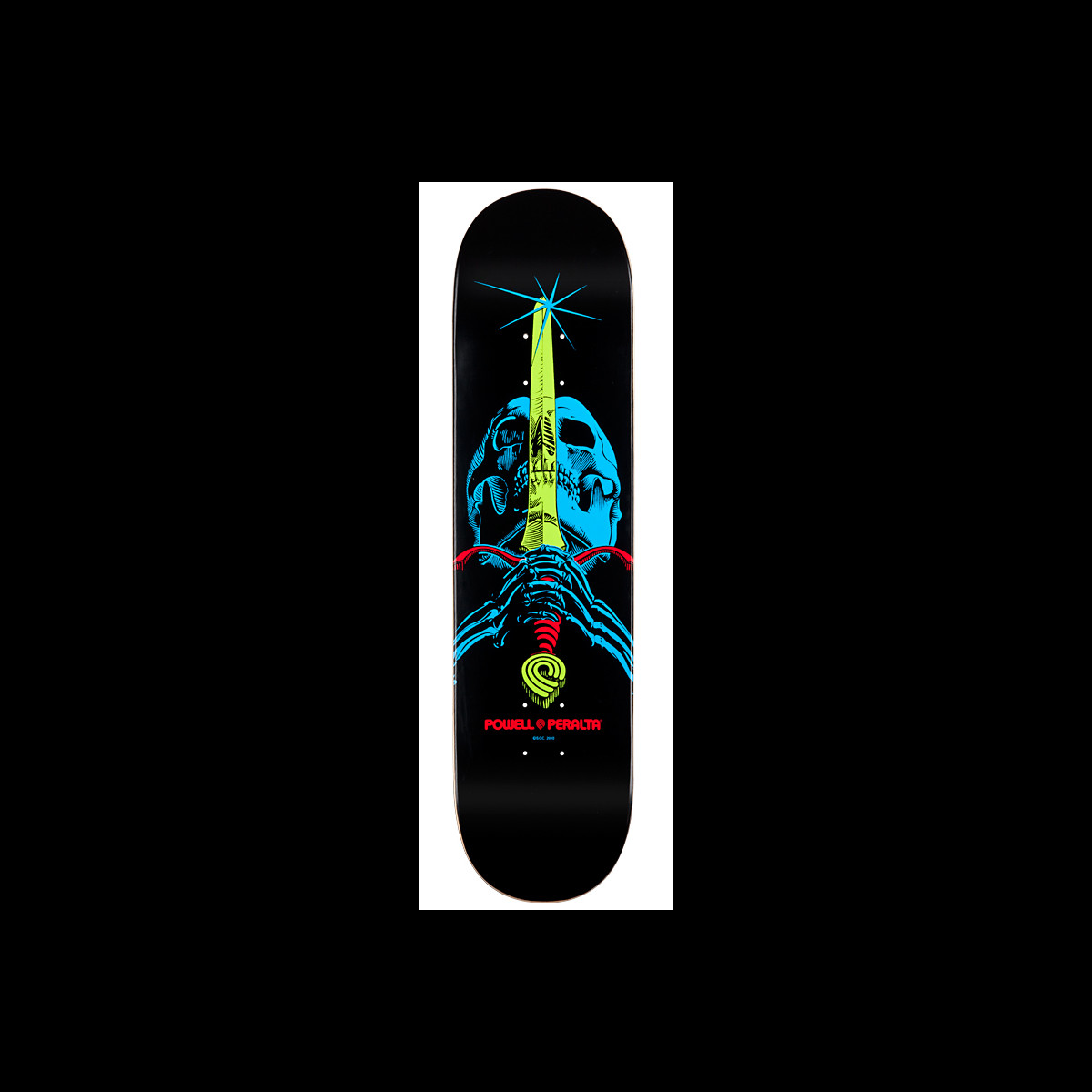 Powell Peralta Blacklight Skull & Sword skateboard deck: A blue skull with a neon yellow-green sword rising through it, held by red skeletal hands, with a starburst at the blade tip. Powell Peralta logo beneath, on black.