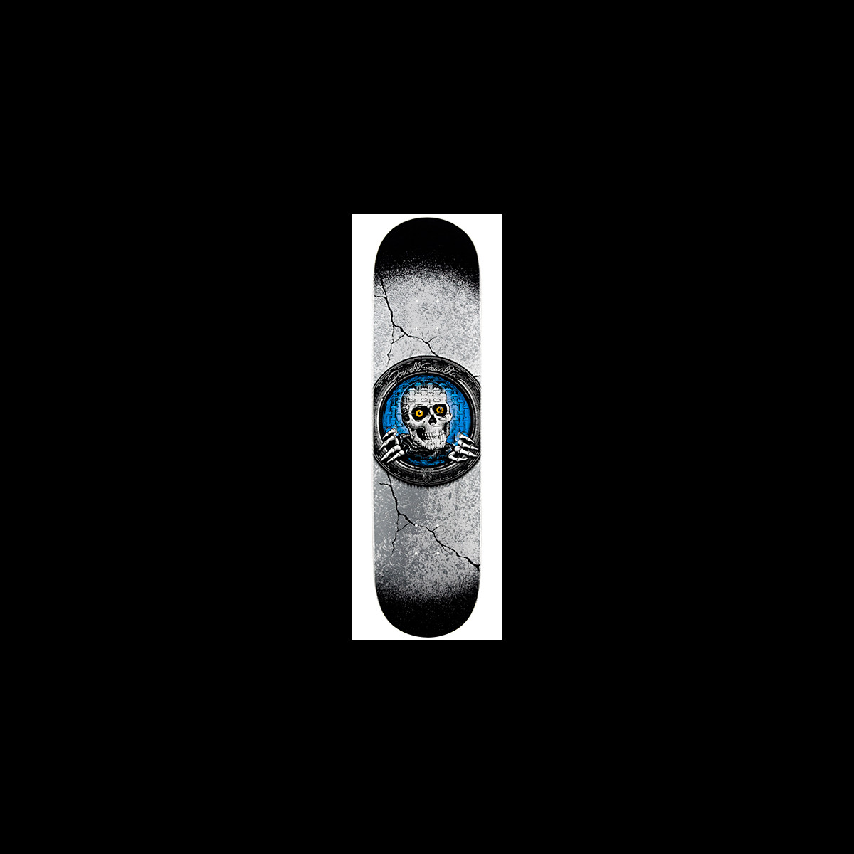Powell Peralta Blue Pool Light Ripper skateboard deck: Cracked concrete-textured grey deck fading to black at the ends, with a round blue emblem of a white skull with yellow eyes and skeletal hands gripping the ring, around which the Powell Peralta name is written.