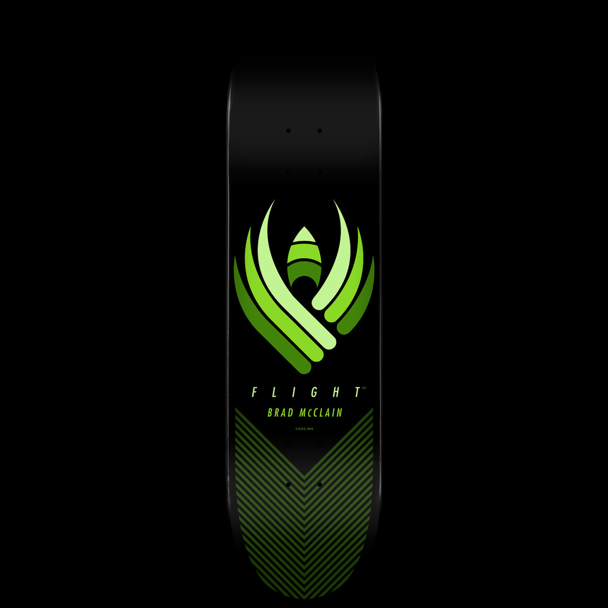 Powell Peralta Brad McClain Flight - Shape 243 skateboard deck: A stylised winged emblem of layered green curves around a small rocket shape, with FLIGHT and BRAD McCLAIN beneath and a chevron line pattern at the tail, on black.