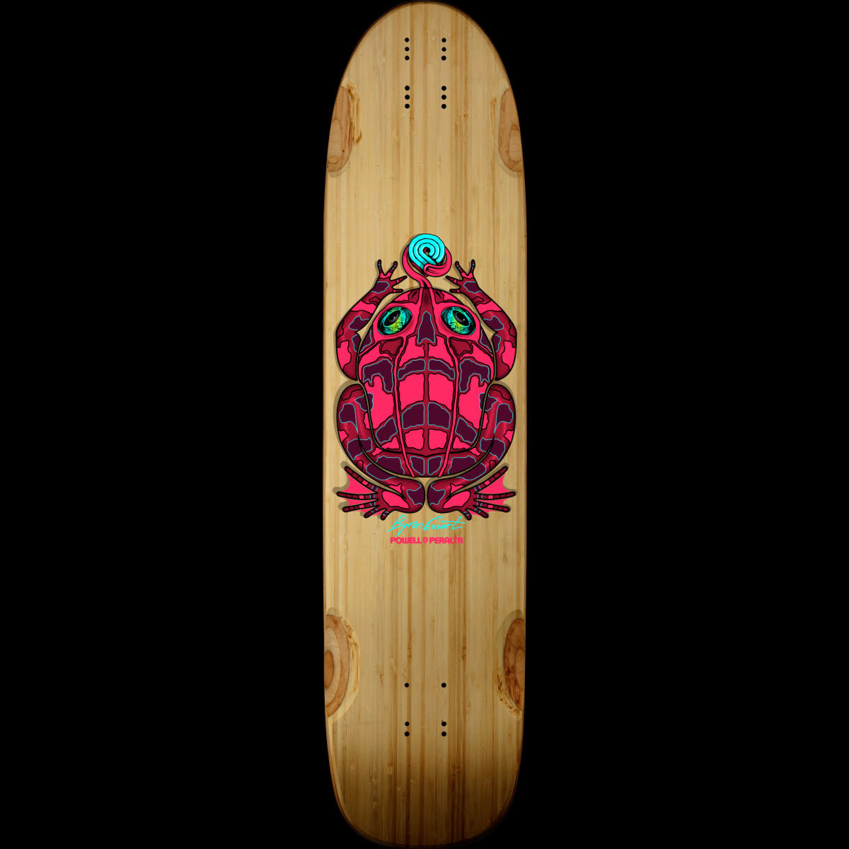 Powell Peralta Byron Essert Mini Frog Bamboo skateboard deck: A stylised frog in pink and maroon with a skull-like face and green eyes, holding a cyan swirl above its head, printed on a natural bamboo deck. A small signature and Powell Peralta logo sit below.