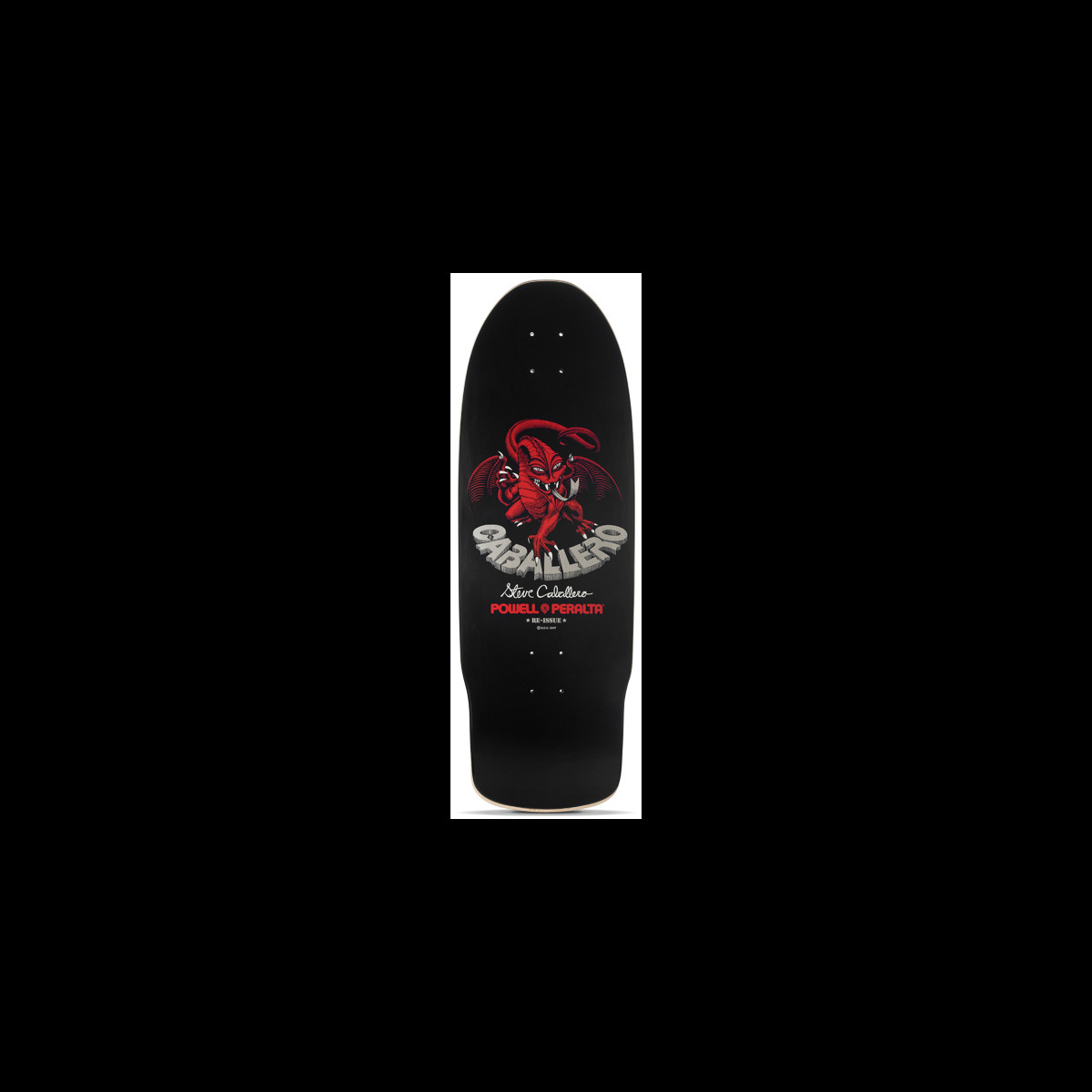 Powell Peralta Cab Dragon II Spoon Nose Black skateboard deck: A red winged dragon crouching above grey CABALLERO lettering, with a signature and Powell Peralta logo beneath, centred on a black spoon-nose deck.
