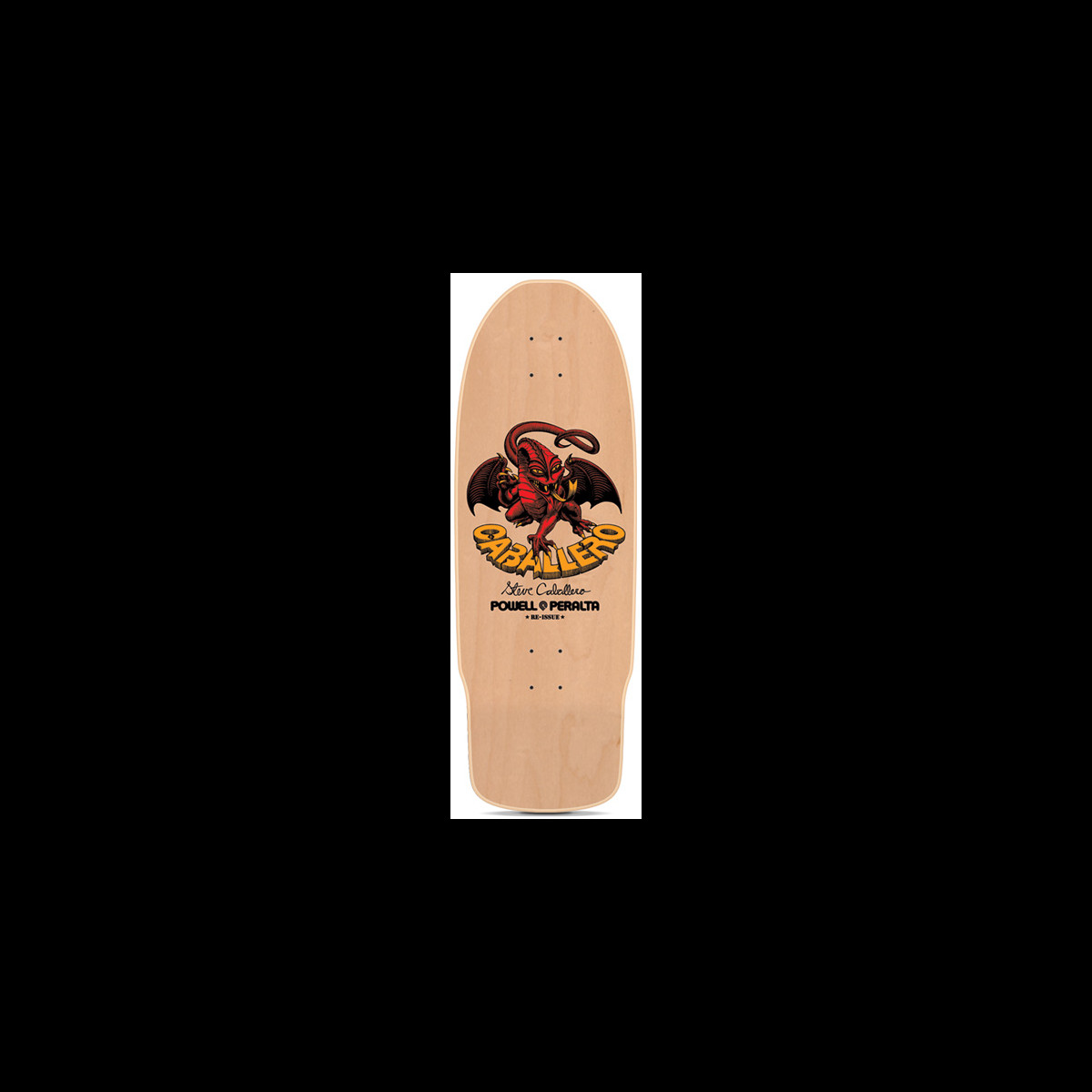 Powell Peralta Cab Dragon II Spoon Nose Natural skateboard deck: A red winged dragon with orange claws perched above chunky orange Caballero lettering, with a signature and Powell Peralta logo below, printed on a natural wood old-school deck.