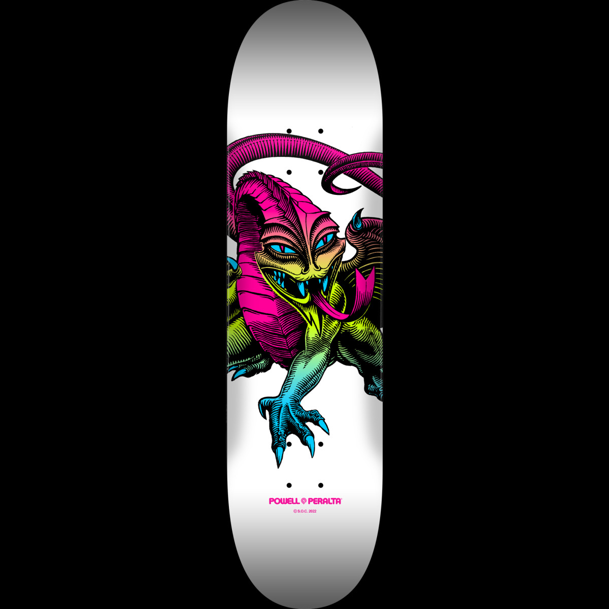 Powell Peralta Cab Dragon Lime Fade / White - Shape 248 skateboard deck: White deck with a clawed dragon creature with a hooded head, coiled tail and open mouth, coloured in a fade from pink through lime green to blue.