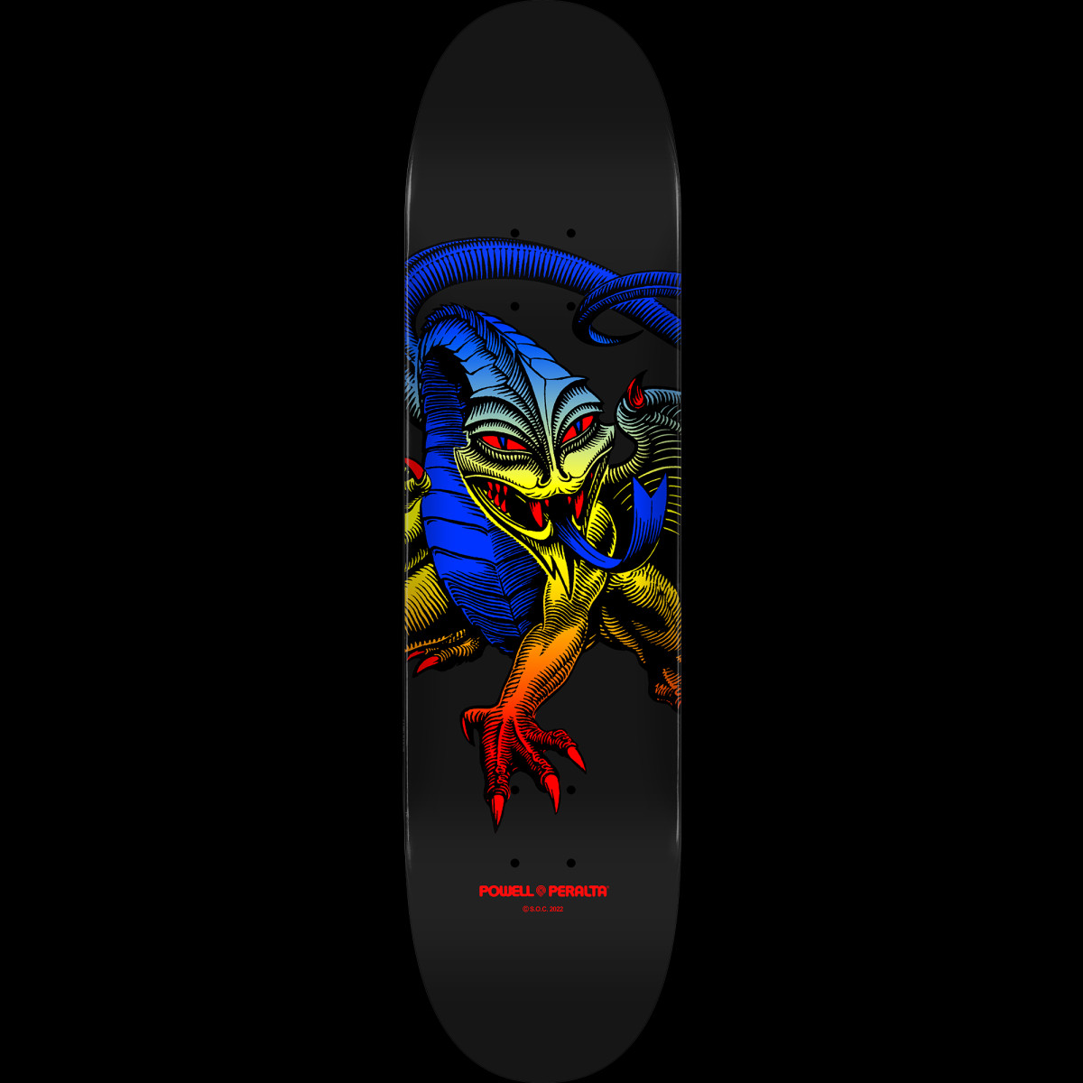 Powell Peralta Cab Dragon Yellow Fade - Shape 248 skateboard deck: A winged, horned dragon with a blue-to-yellow-to-orange fade crouches on a black deck, with red eyes, claws and tongue. Fine line-engraved style.