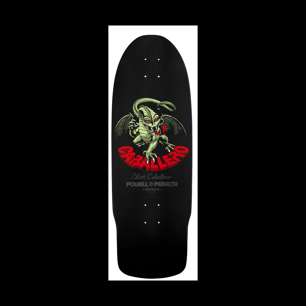 Powell Peralta Caballero Dragon II Black skateboard deck: Green winged dragon with red eyes and tongue perched above red dripping Caballero lettering, with a signature and Powell Peralta logo beneath, on a black deck.
