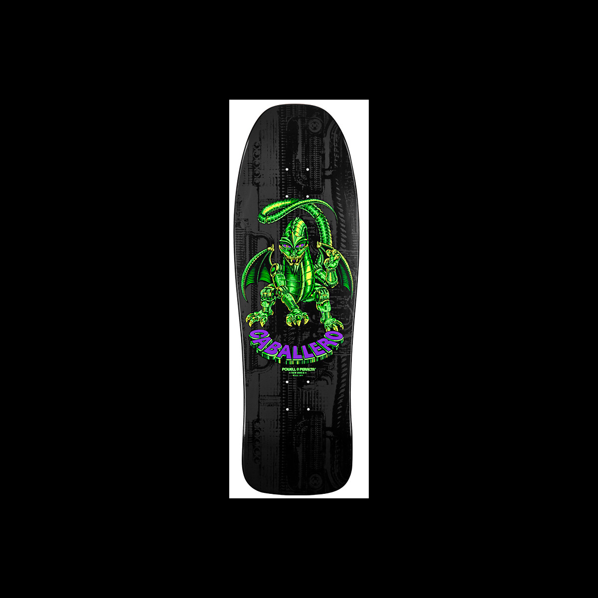 Powell Peralta Caballero Mechanical Dragon Black skateboard deck: A green robotic dragon with wings and a tail standing on its haunches, with purple name lettering curved below, over a dark grey circuit and machinery pattern on a black old-school shaped deck.