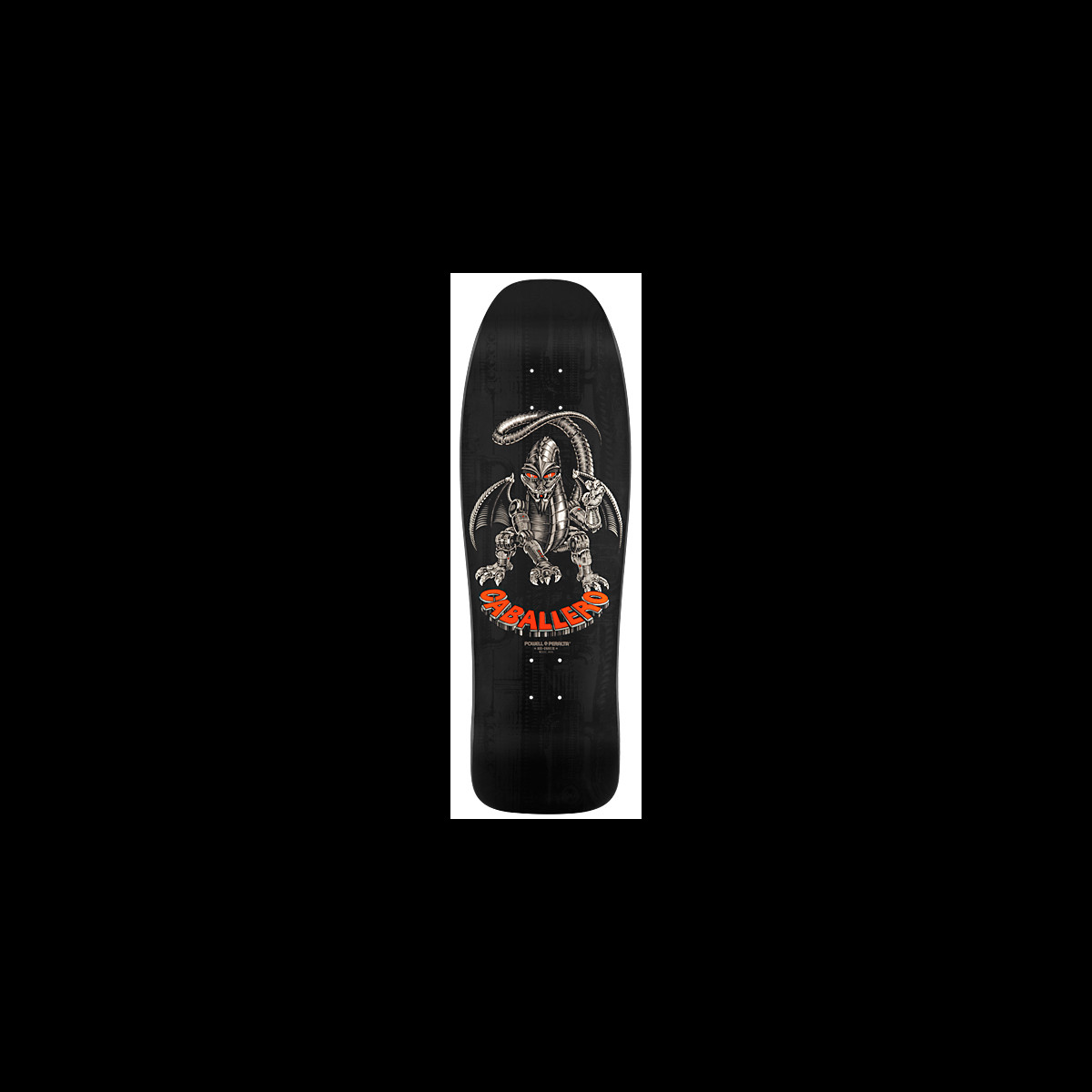 Powell Peralta Caballero Mechanical Dragon Black skateboard deck: Old-school shaped black deck with a silver robotic dragon with orange-red eyes and bat-like wings, giving a peace sign, with orange dripping Caballero lettering below.