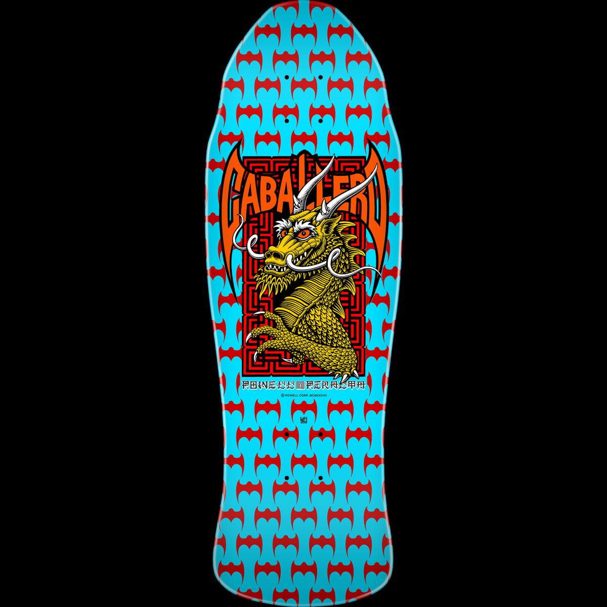 Powell Peralta Caballero Street Blue skateboard deck: A yellow-green dragon head with white horns in a red maze-patterned panel, under orange arched Caballero lettering, on a light blue deck covered in a repeating red bat-shape pattern.